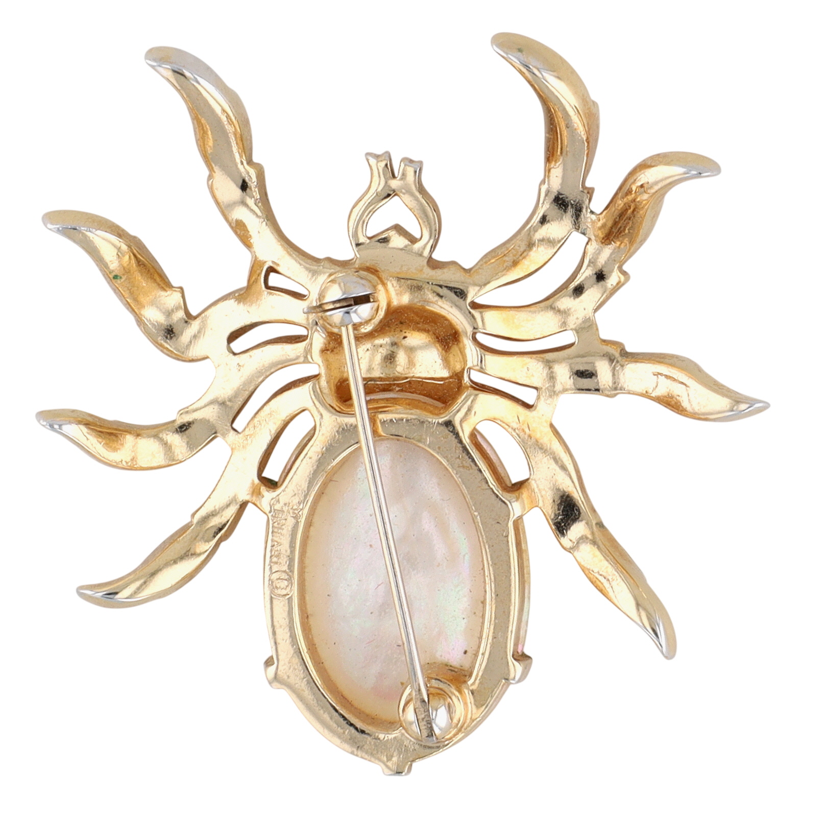 Trifari Gold Tone Mother Of Pearl Rhinestone Spider Brooch