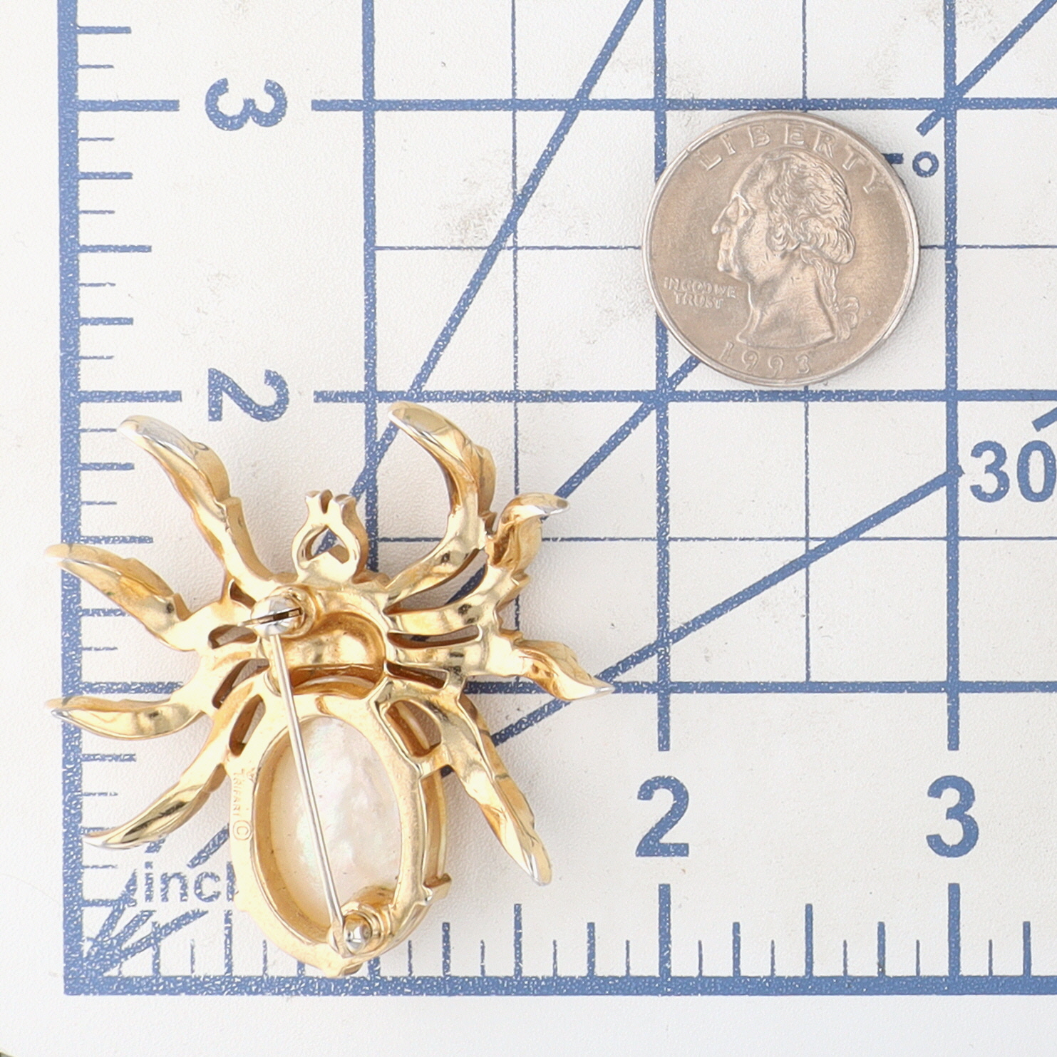Trifari Gold Tone Mother Of Pearl Rhinestone Spider Brooch