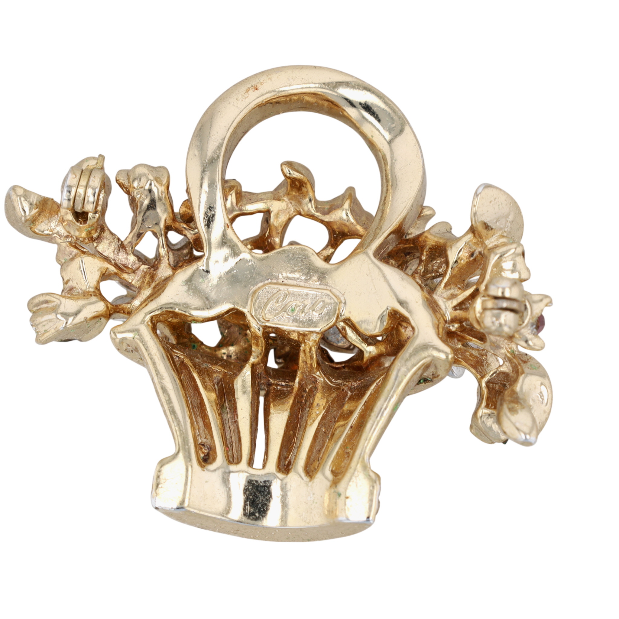 Coro Vintage Gold Tone Rhinestone Floral Basket Brooch