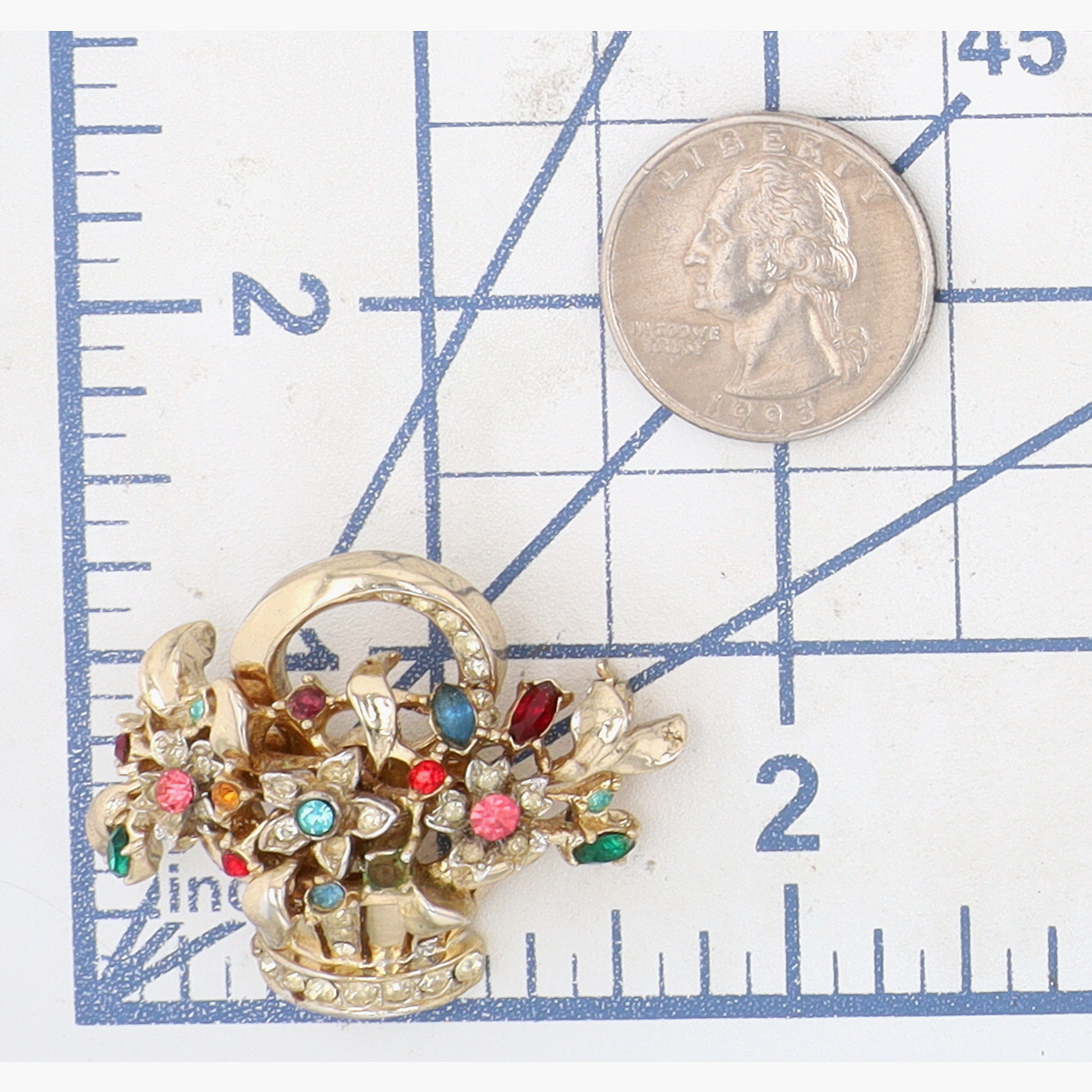 Coro Vintage Gold Tone Rhinestone Floral Basket Brooch