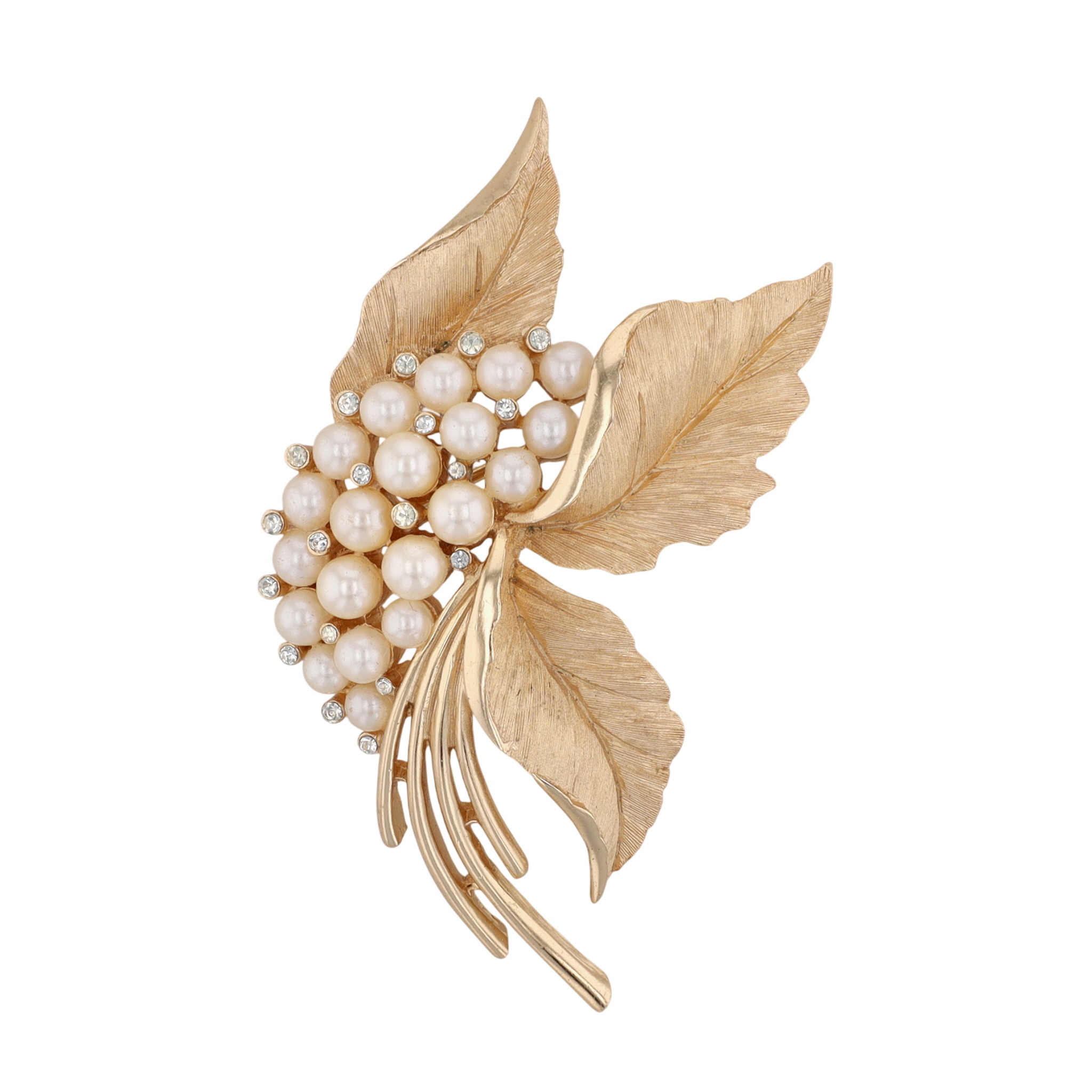 Trifari Gold Tone Faux Pearl Rhinestone Leaf Brooch