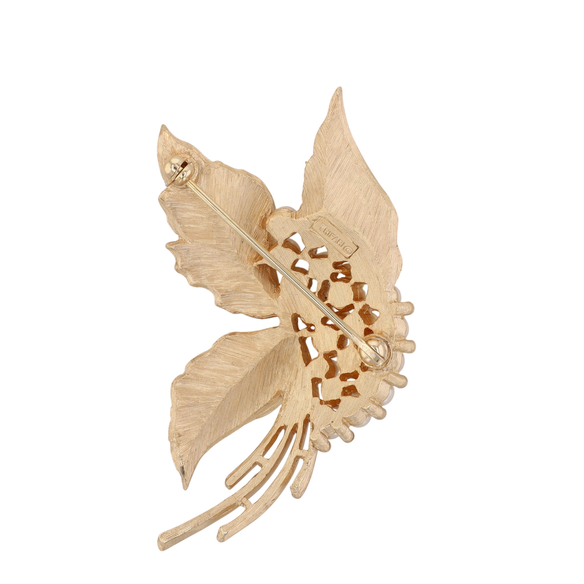 Trifari Gold Tone Faux Pearl Rhinestone Leaf Brooch