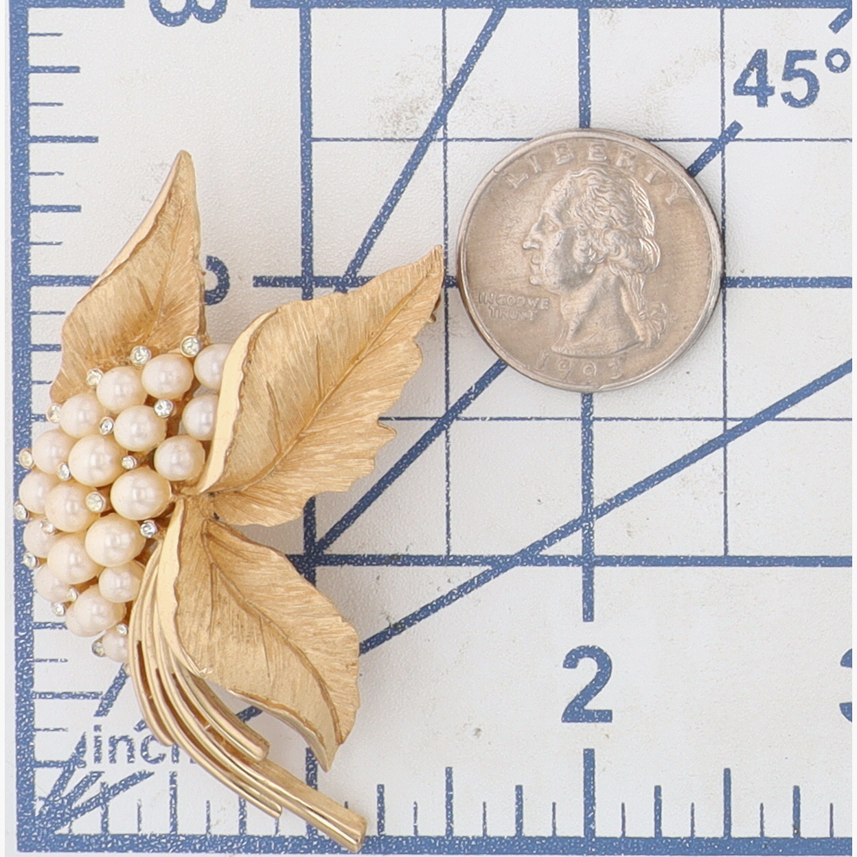 Trifari Gold Tone Faux Pearl Rhinestone Leaf Brooch