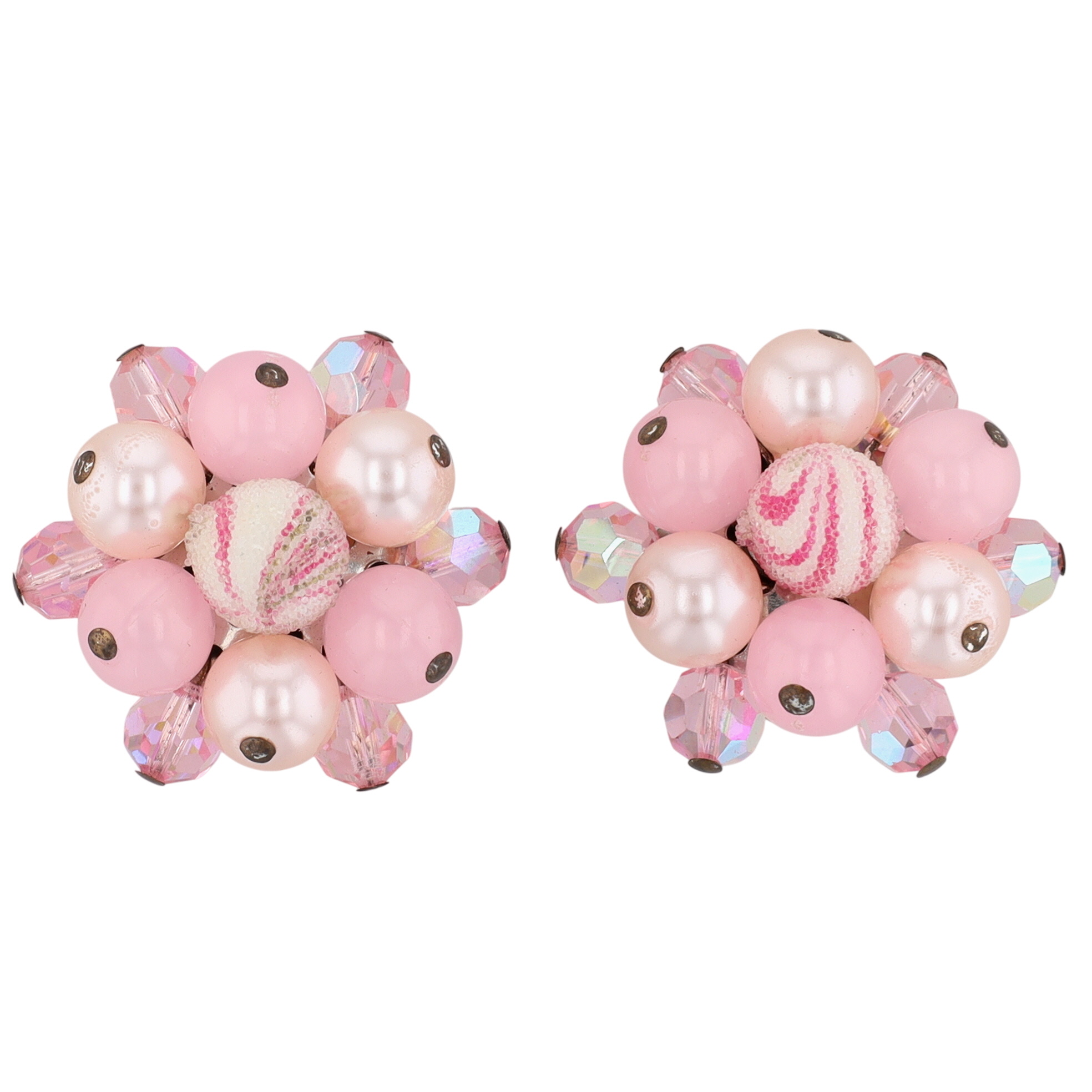 Silver Tone Beaded Shades Of Pink Cluster Earrings