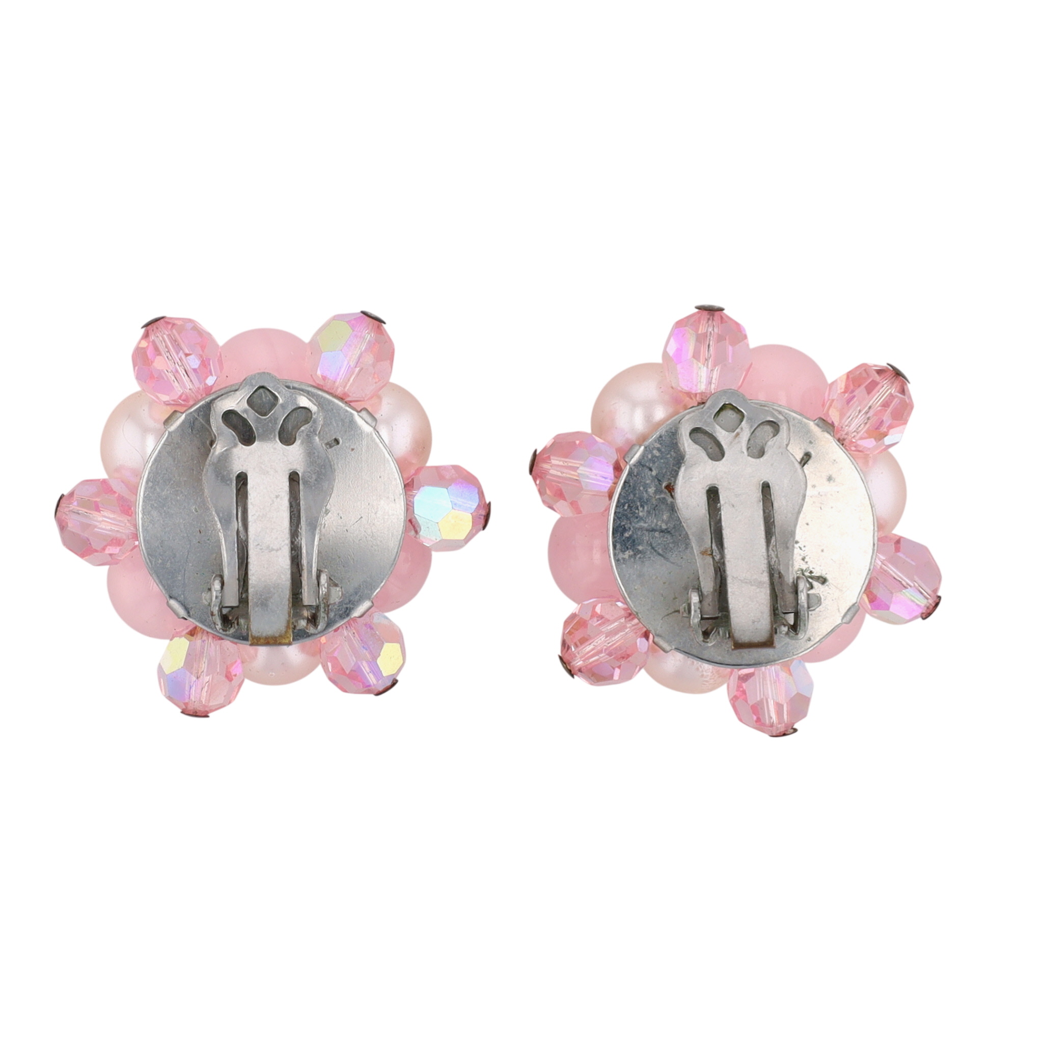 Silver Tone Beaded Shades Of Pink Cluster Earrings
