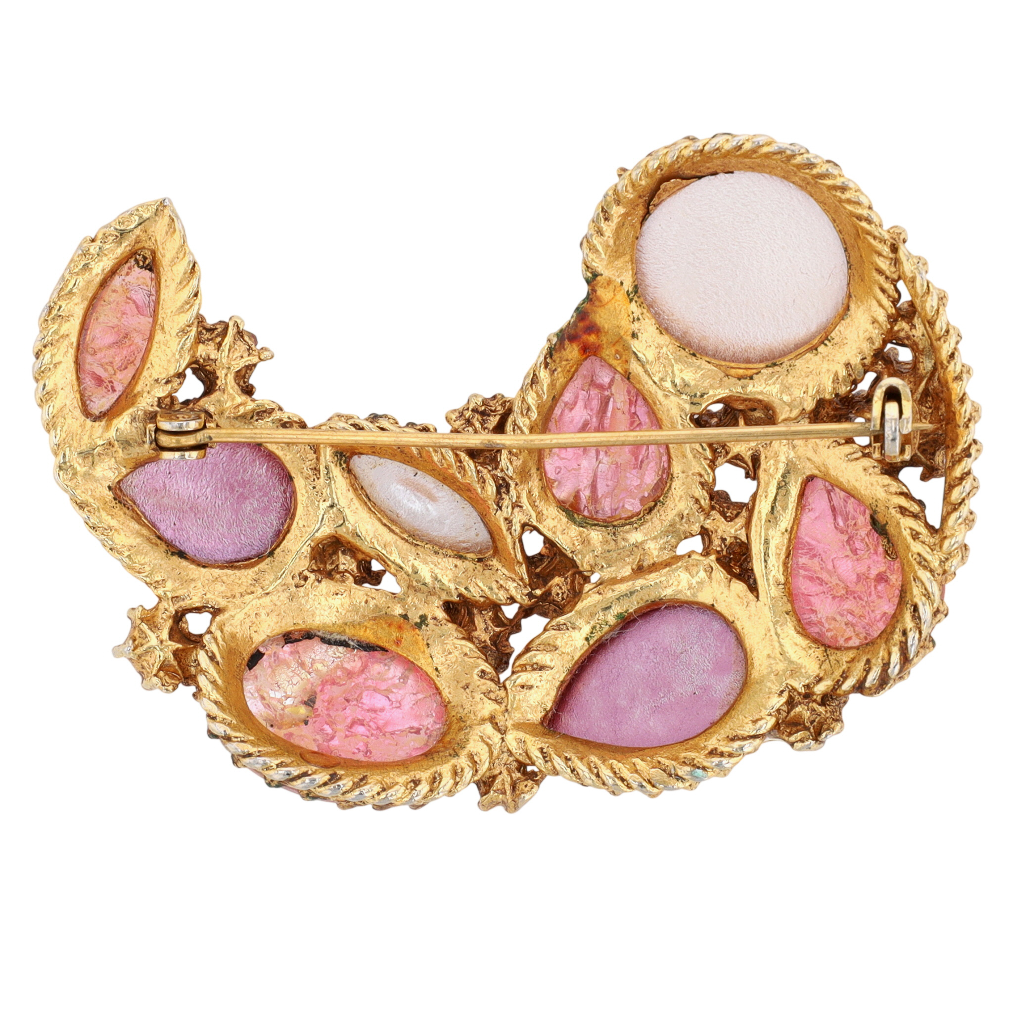 Vintage Gold Tone Pink Rhinestone Glass Paisley Brooch
