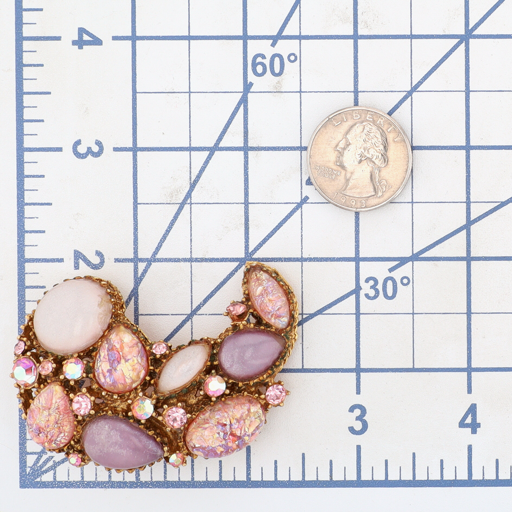 Vintage Gold Tone Pink Rhinestone Glass Paisley Brooch