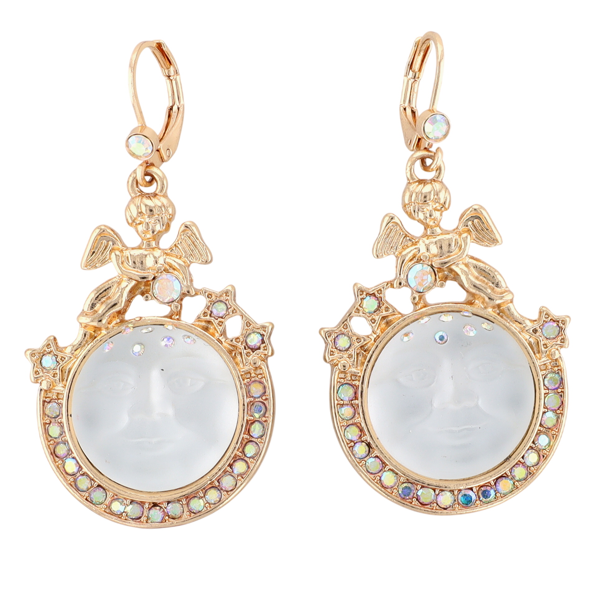 Kirks Folly Gold Tone Rhinestone Poured Glass Man On The Moon Dangle Earrings