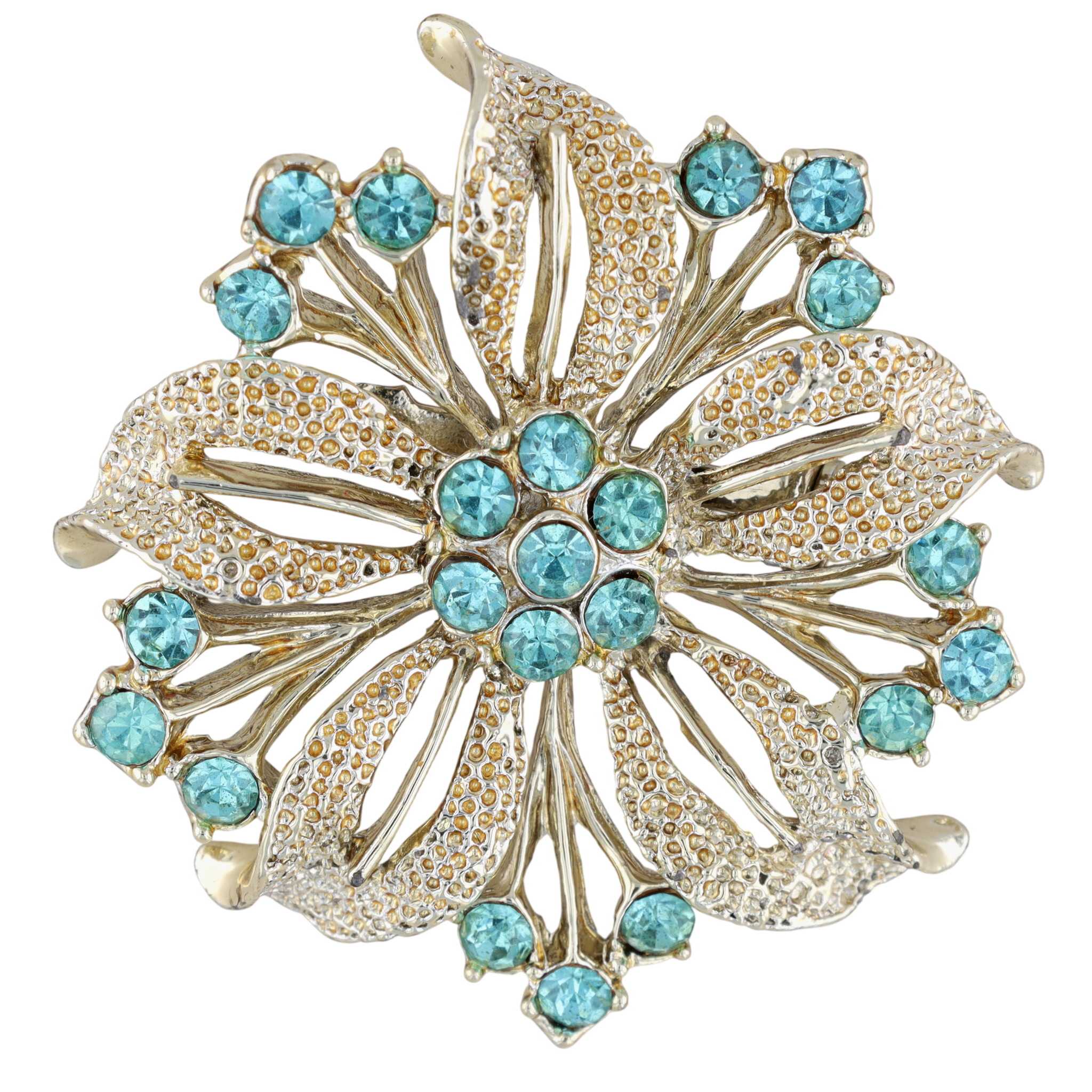 Silver Tone Blue Rhinestone Decorative Flower Brooch
