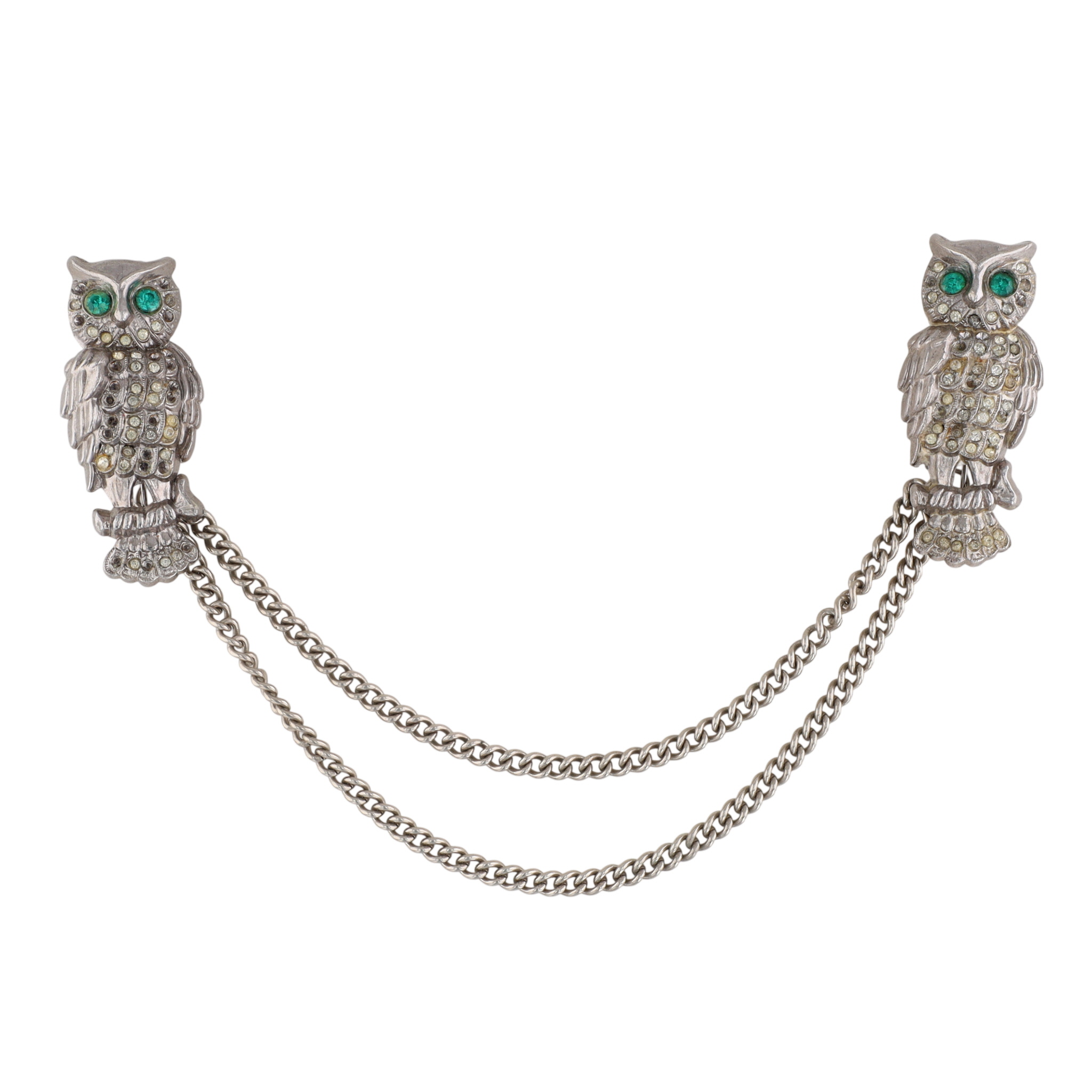 Silver Tone Rhinestone Chain Linked Owl Brooch