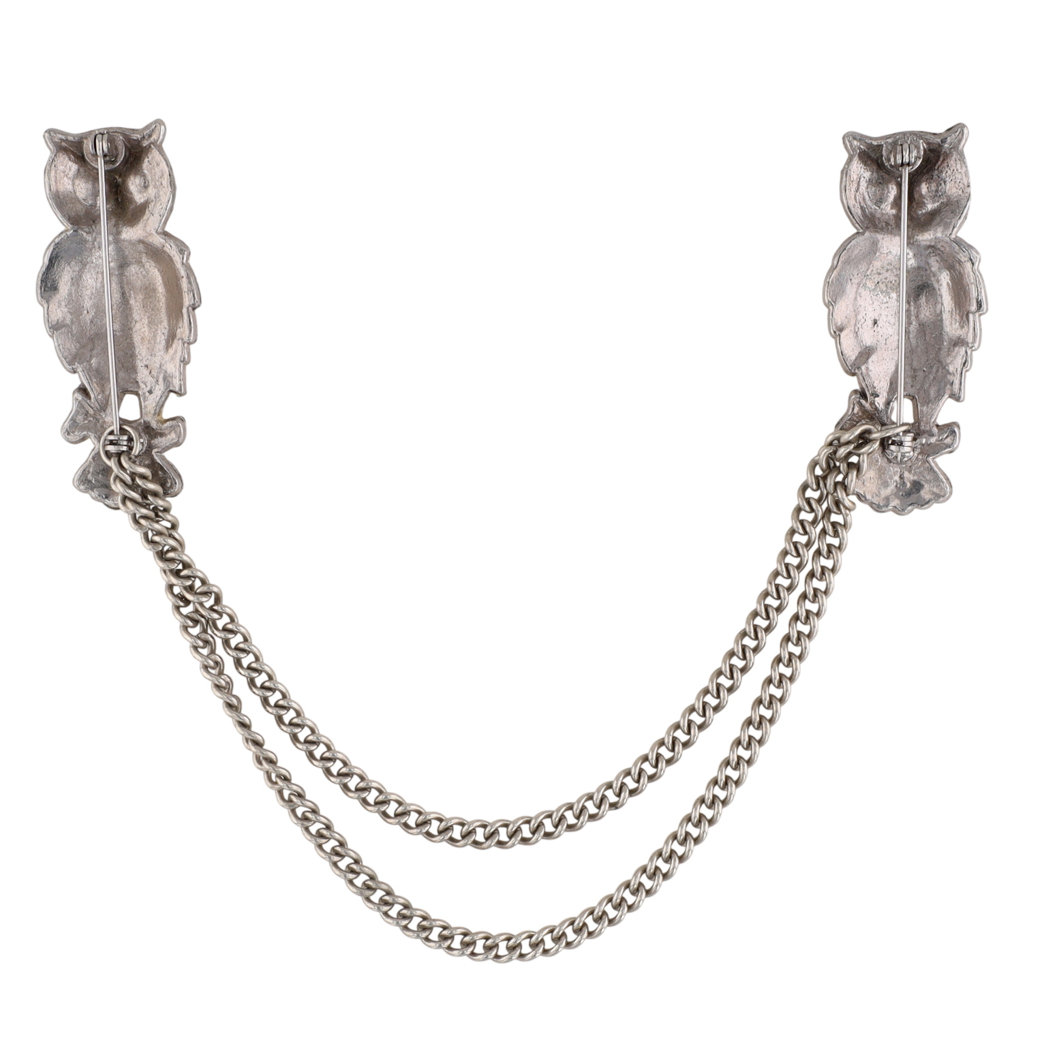 Silver Tone Rhinestone Chain Linked Owl Brooch