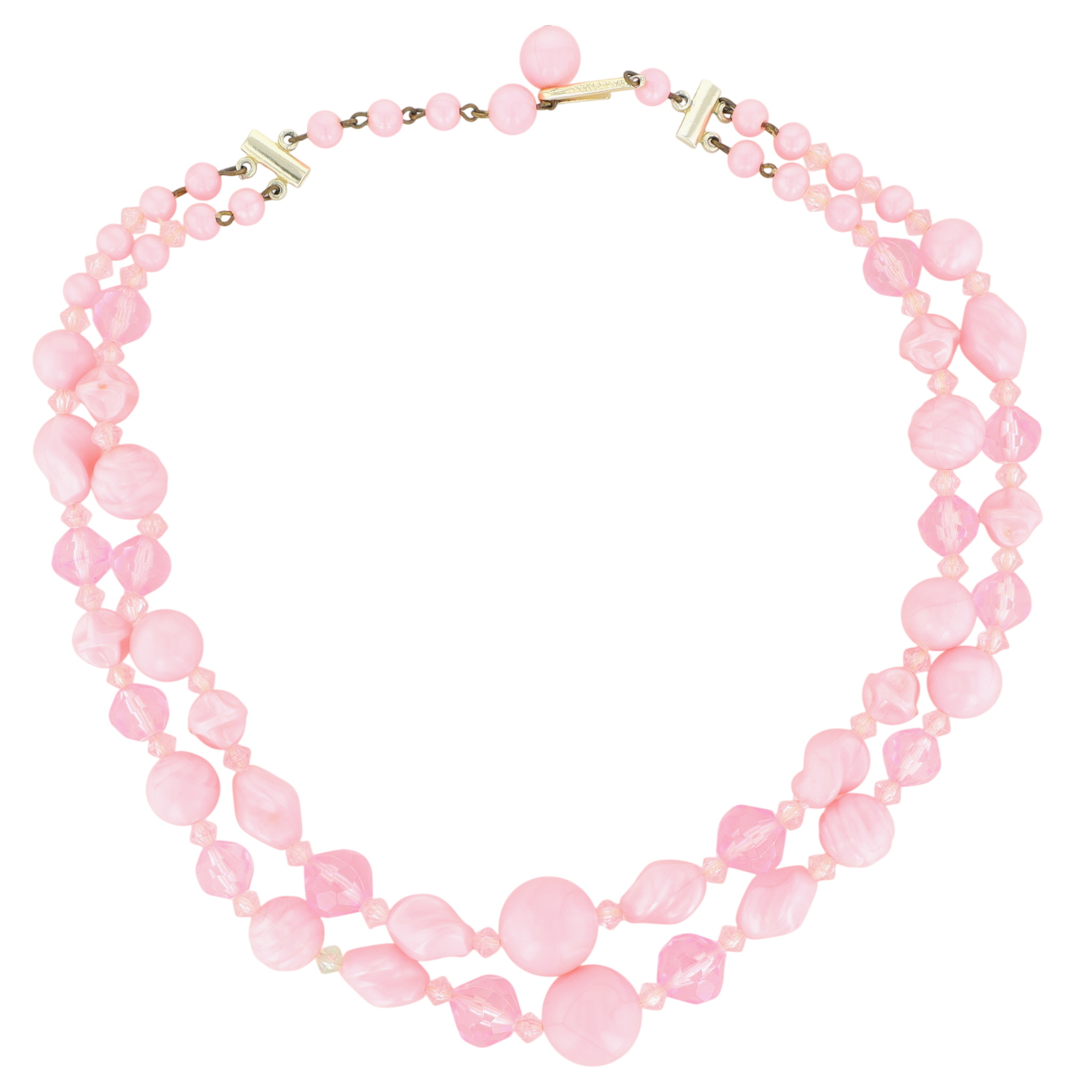 West German Silver Tone Pink Beaded Double Strand Necklace