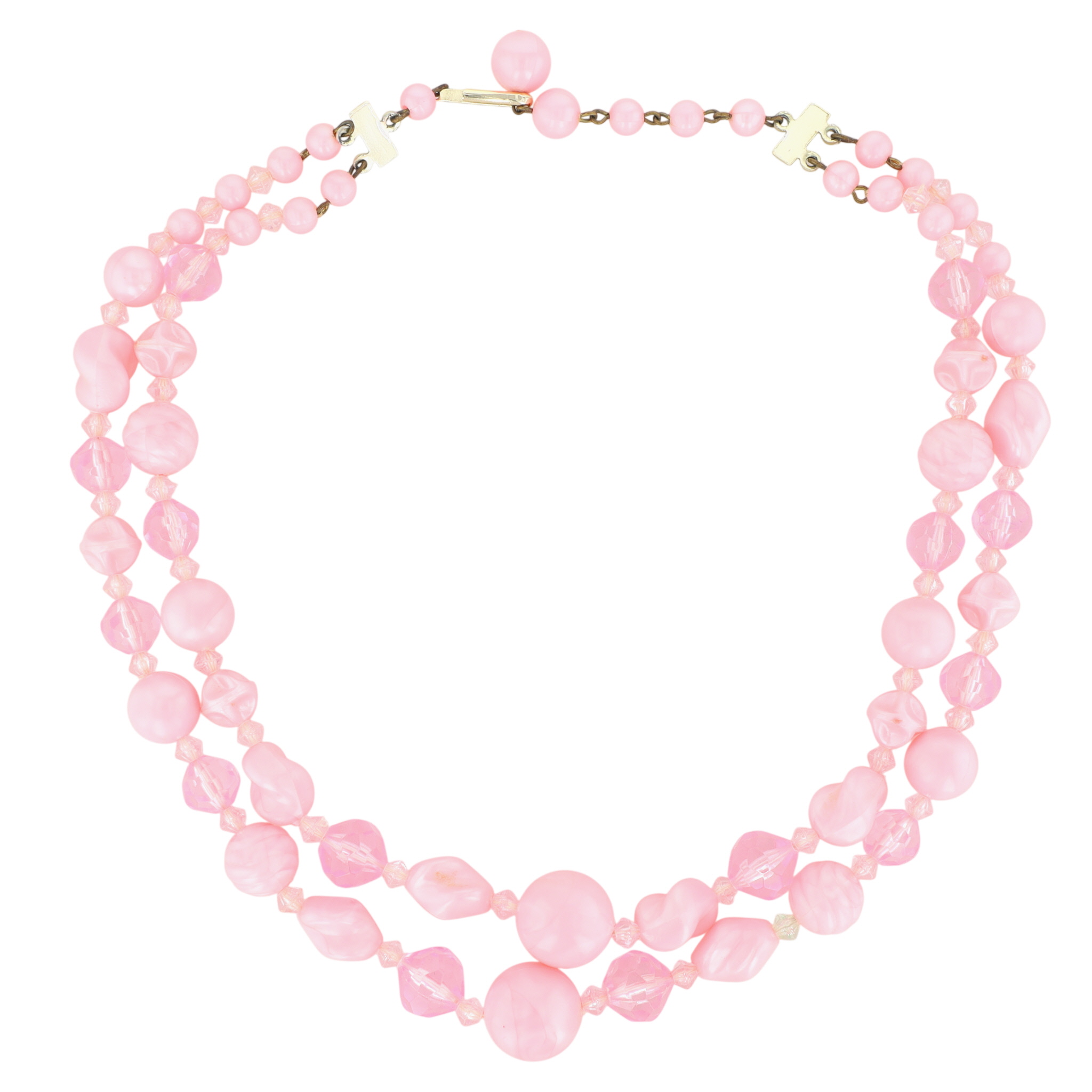 West German Silver Tone Pink Beaded Double Strand Necklace