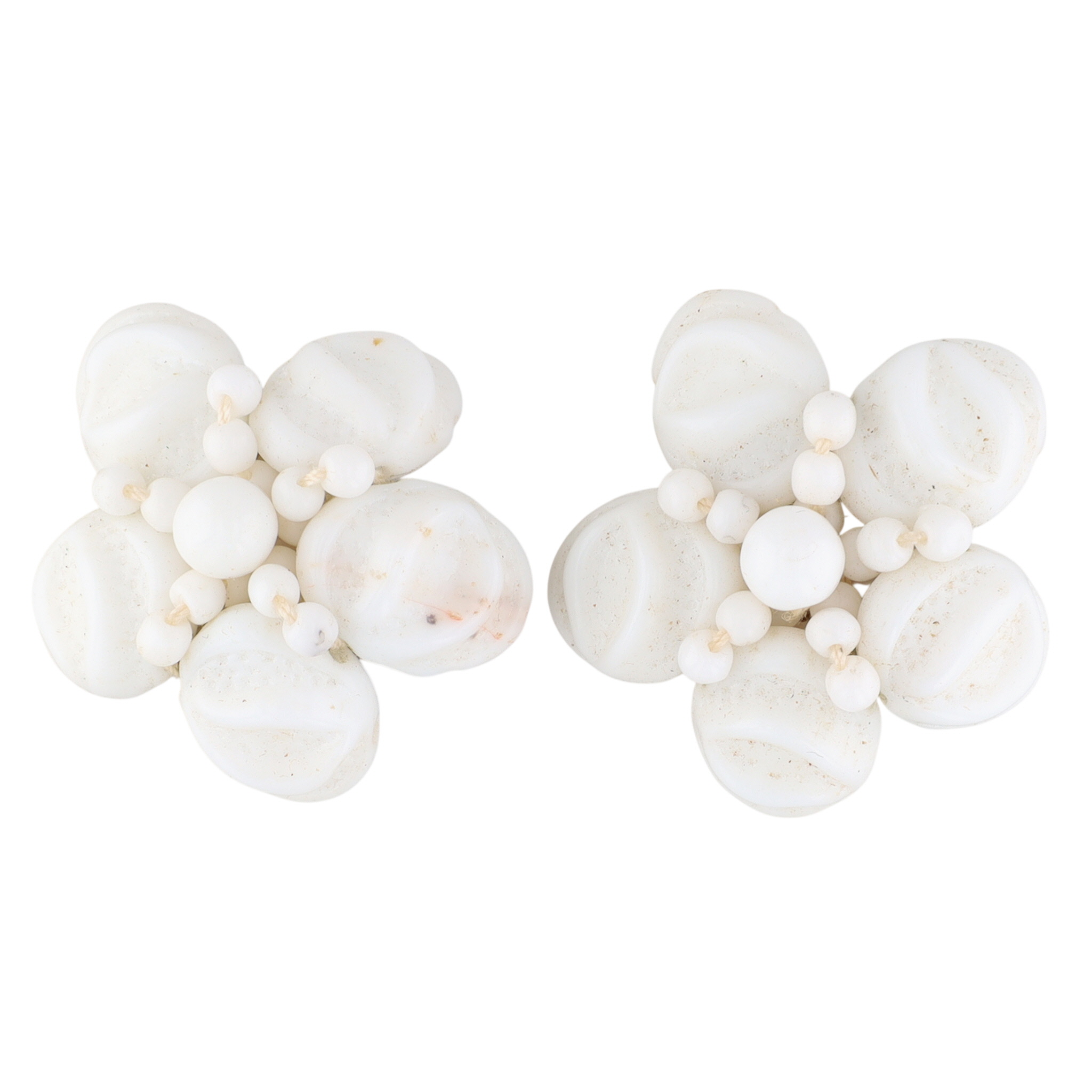 German Silver Tone White Lucite Bead Flower Earrings
