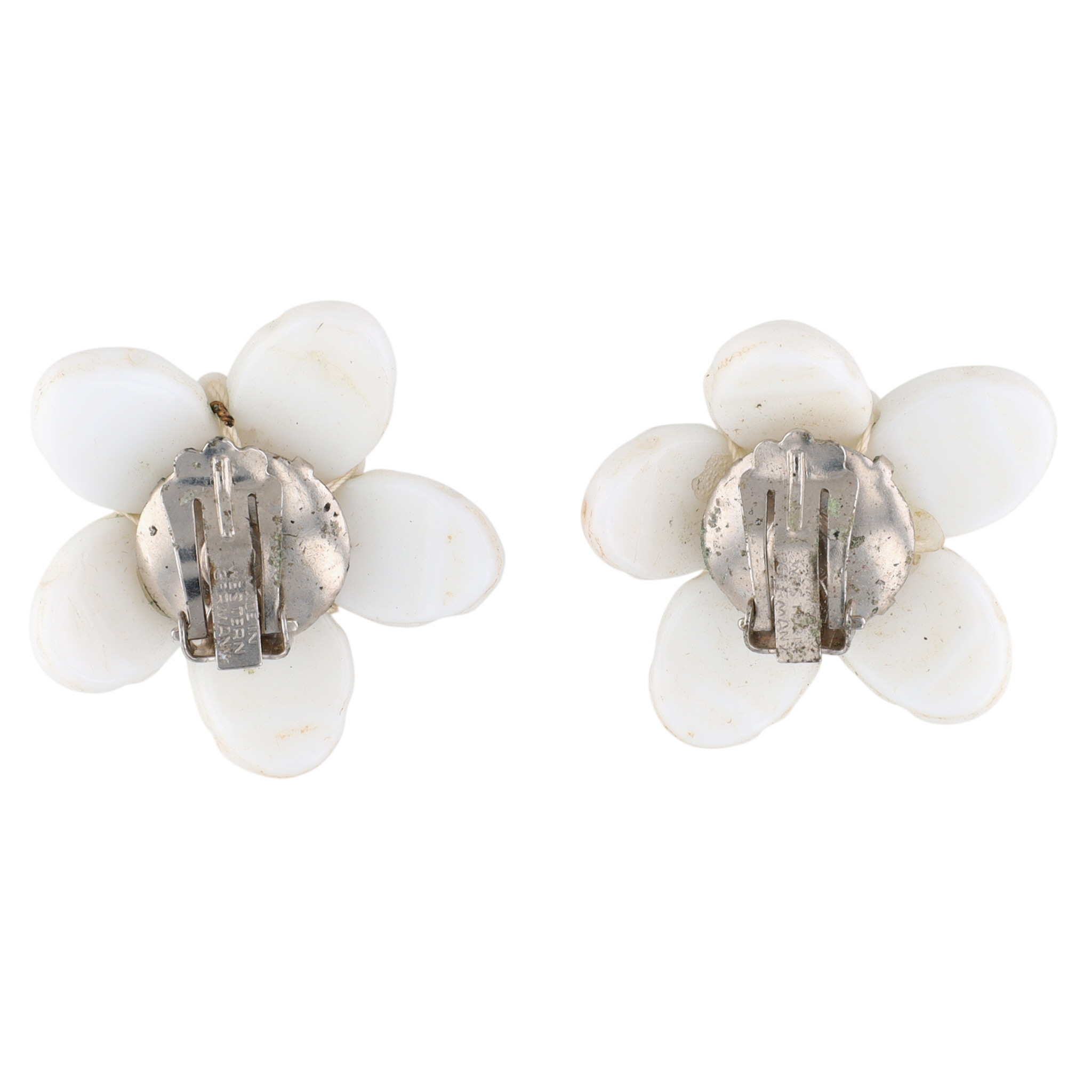 German Silver Tone White Lucite Bead Flower Earrings