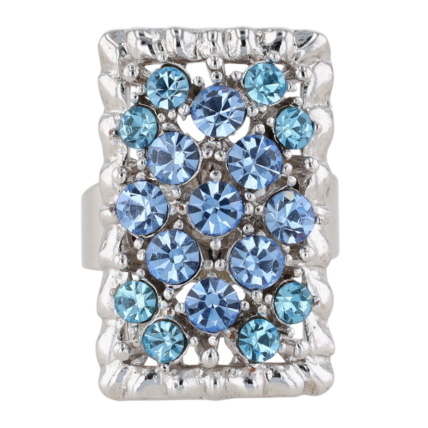 Silver Tone Blue Rhinestone Cluster Statement Adjustable Ring