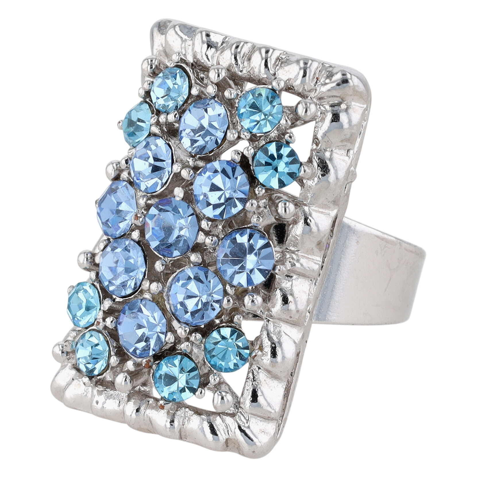Silver Tone Blue Rhinestone Cluster Statement Adjustable Ring