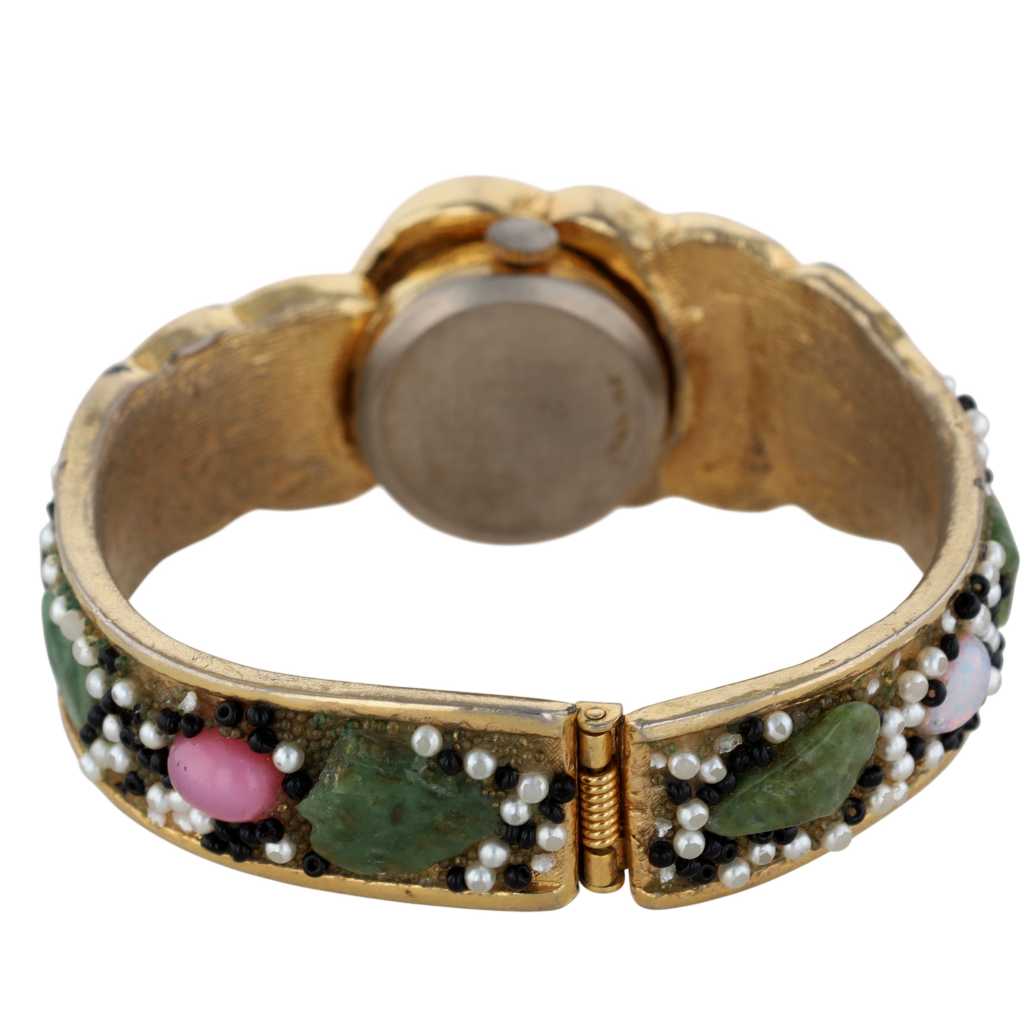 Norman Gold Tone Rhinestone Faux Pearl Glass Bead Hinged Cluster Watch