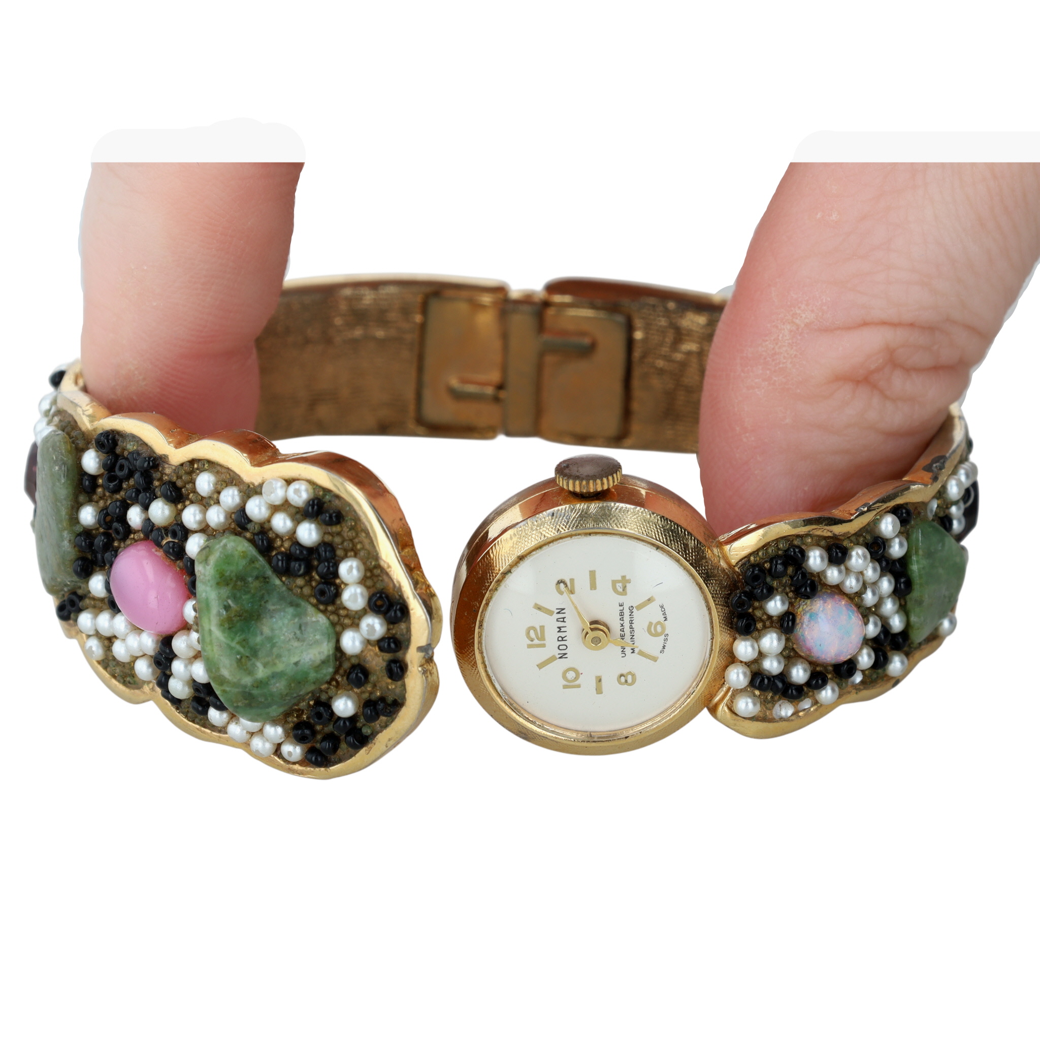 Norman Gold Tone Rhinestone Faux Pearl Glass Bead Hinged Cluster Watch