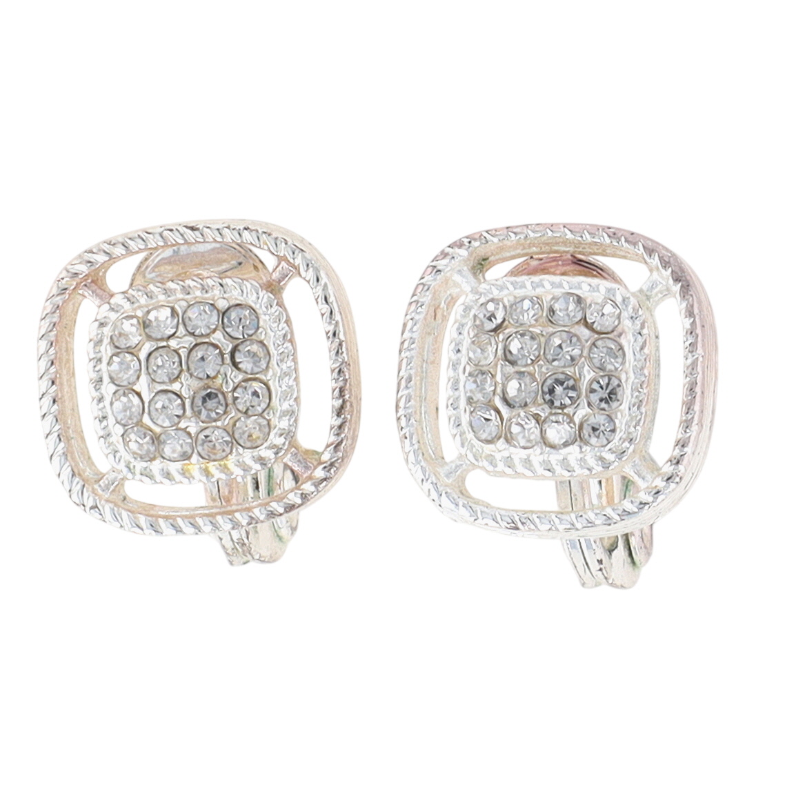 Signed Silver Tone Rhinestone Square Earrings