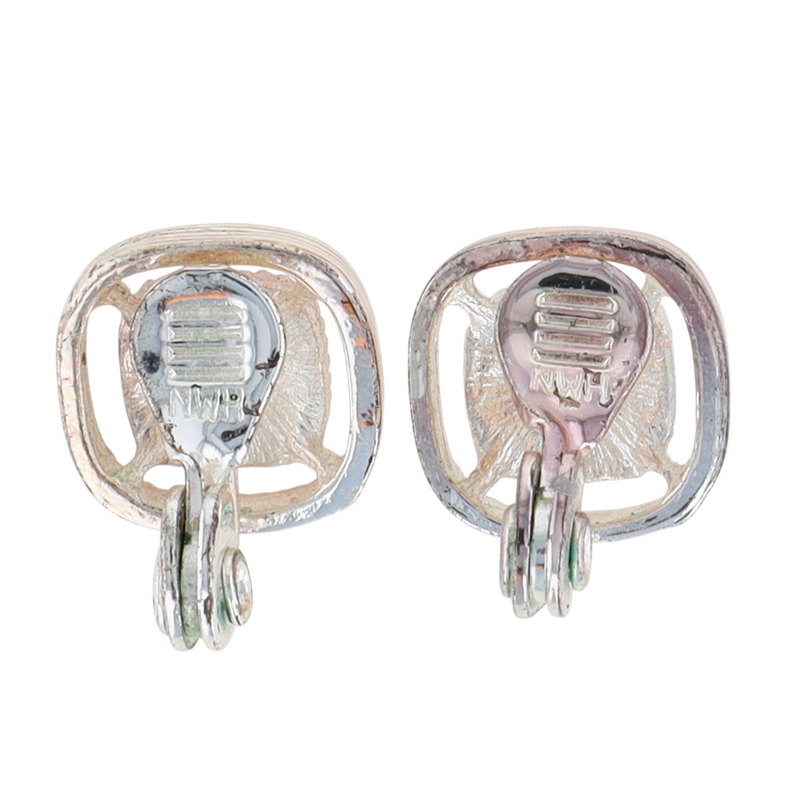 Signed Silver Tone Rhinestone Square Earrings
