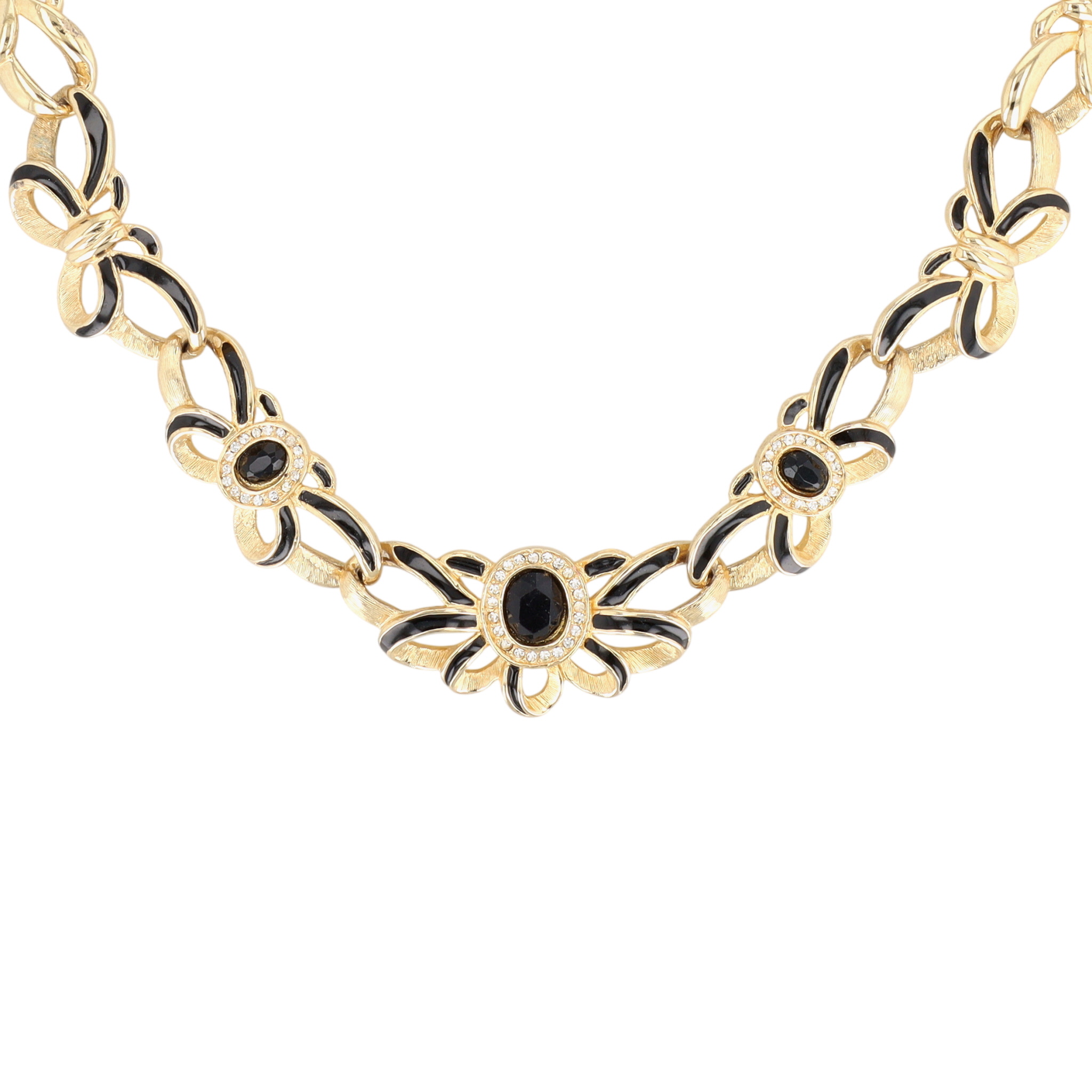 Gold Tone Rhinestone Enamel Ribbon And Bows Necklace
