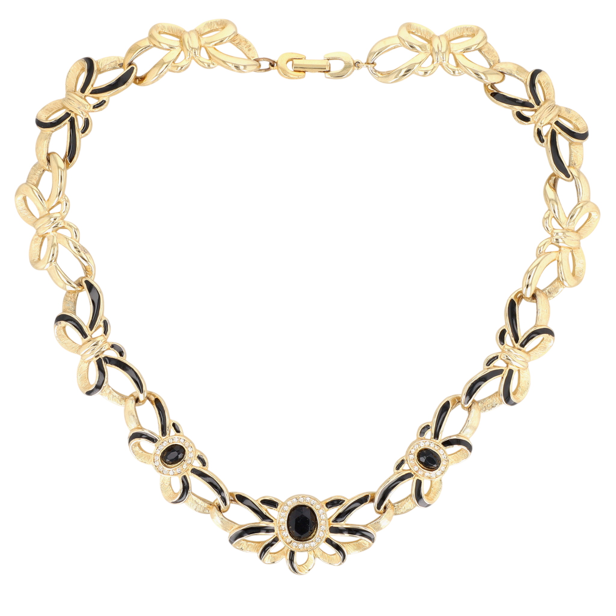 Gold Tone Rhinestone Enamel Ribbon And Bows Necklace