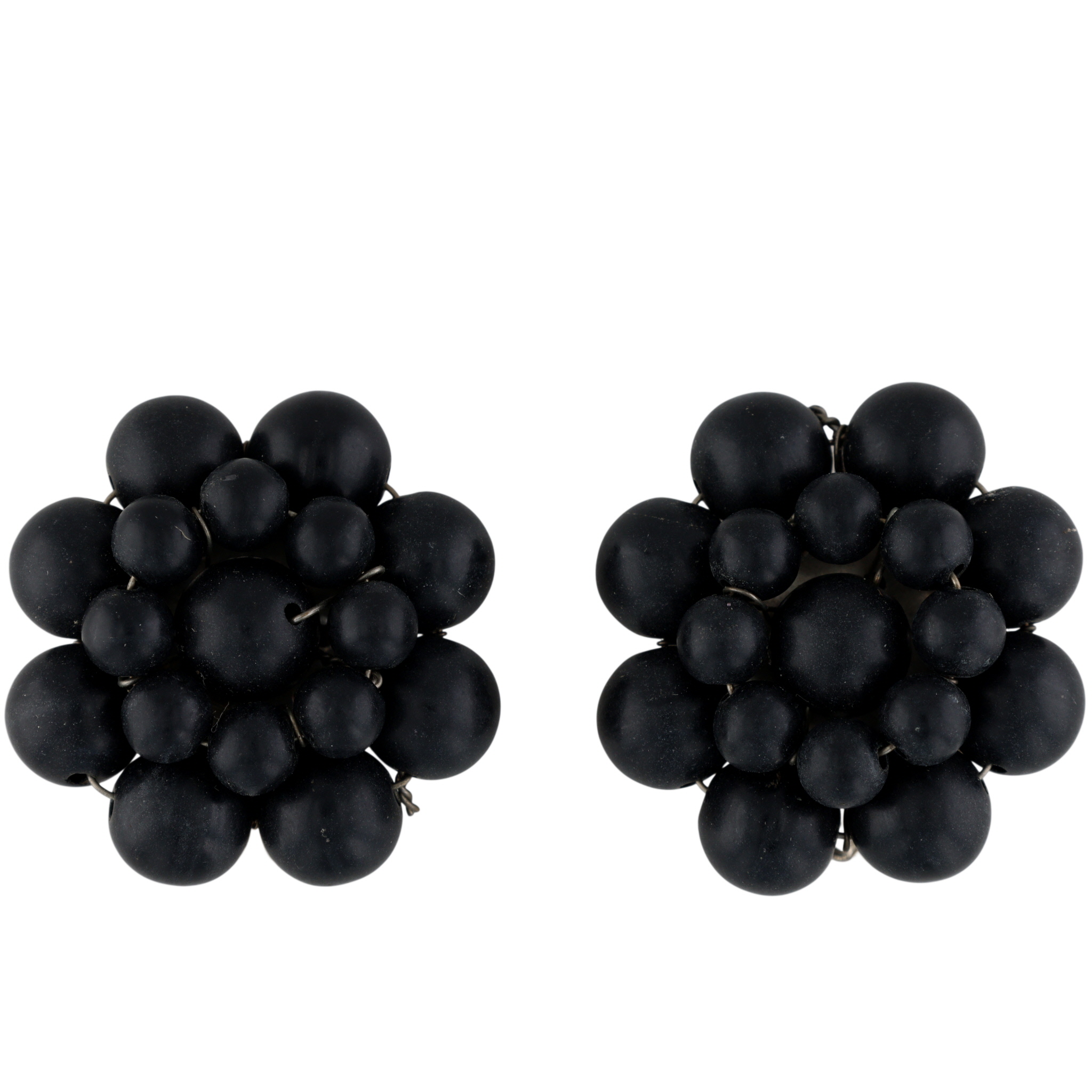 Japan Silver Tone Black Bead Cluster Earrings