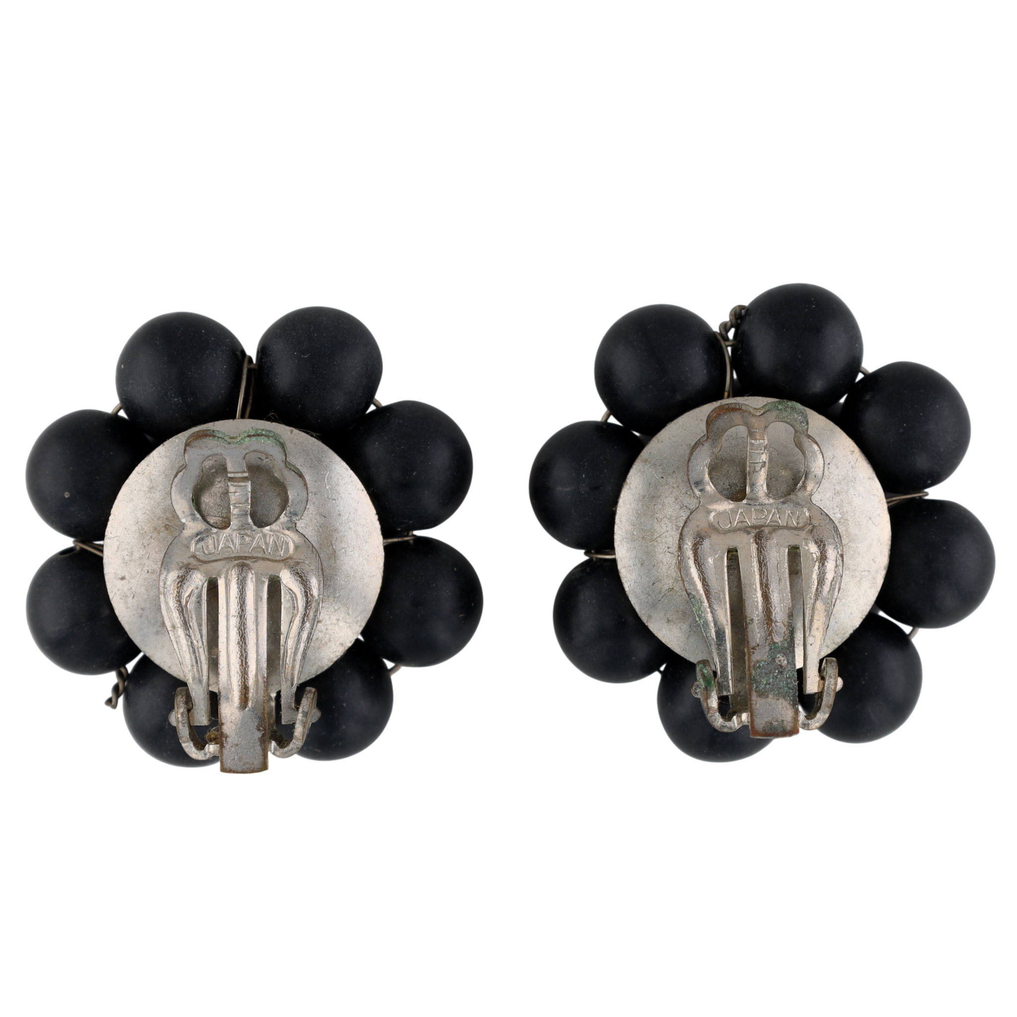 Japan Silver Tone Black Bead Cluster Earrings