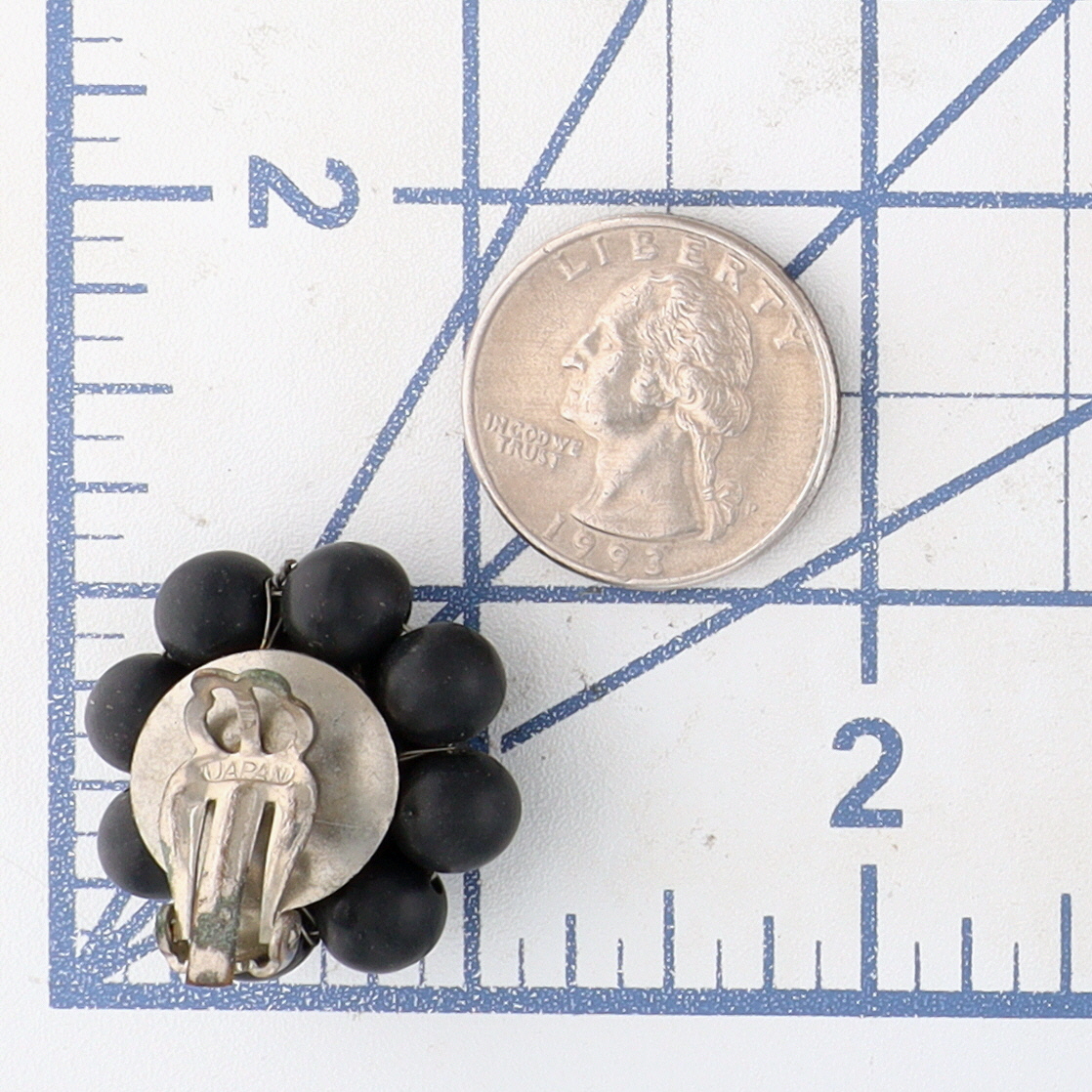 Japan Silver Tone Black Bead Cluster Earrings