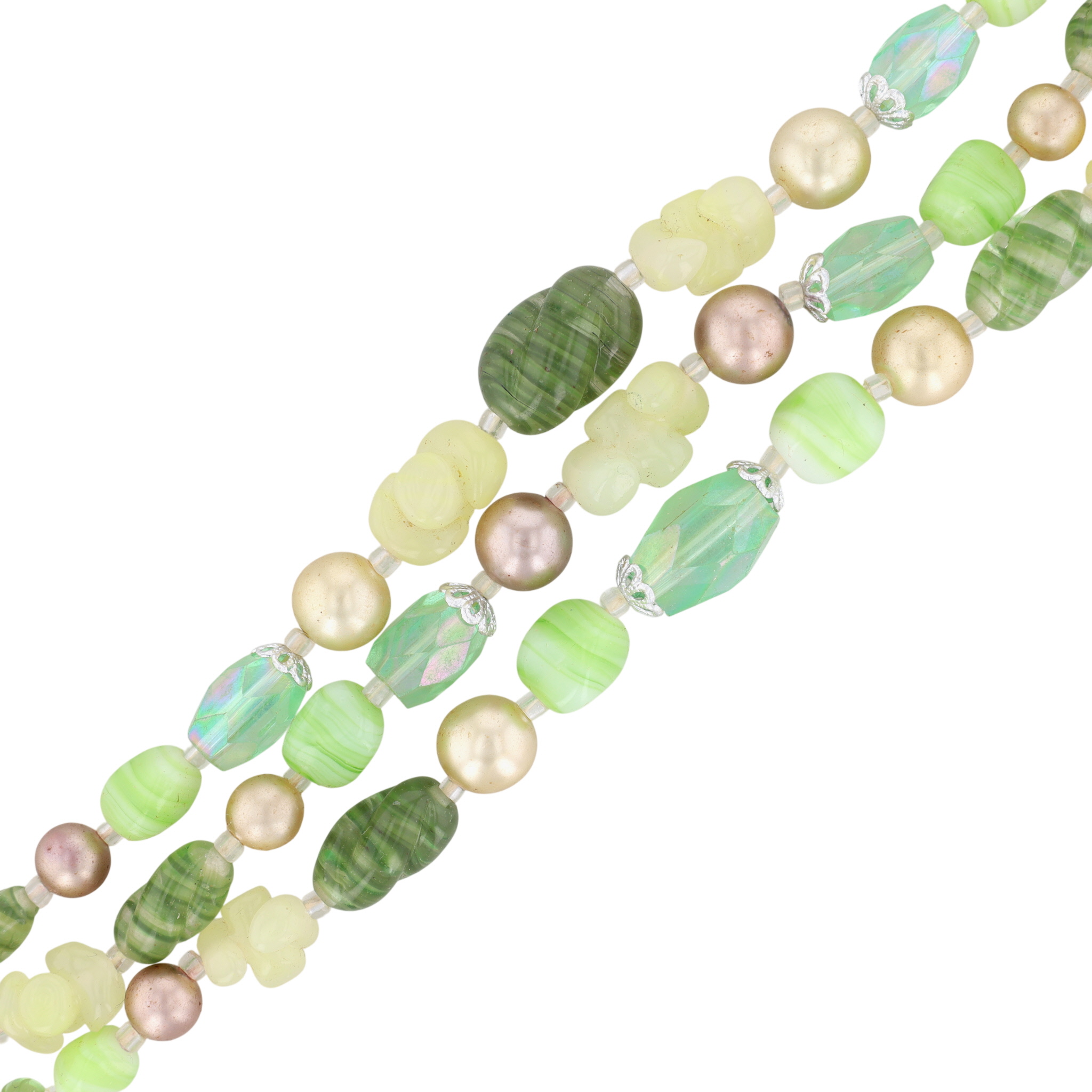 Japan Silver Tone Green Glass Faux Pearl 3 Strand Necklace