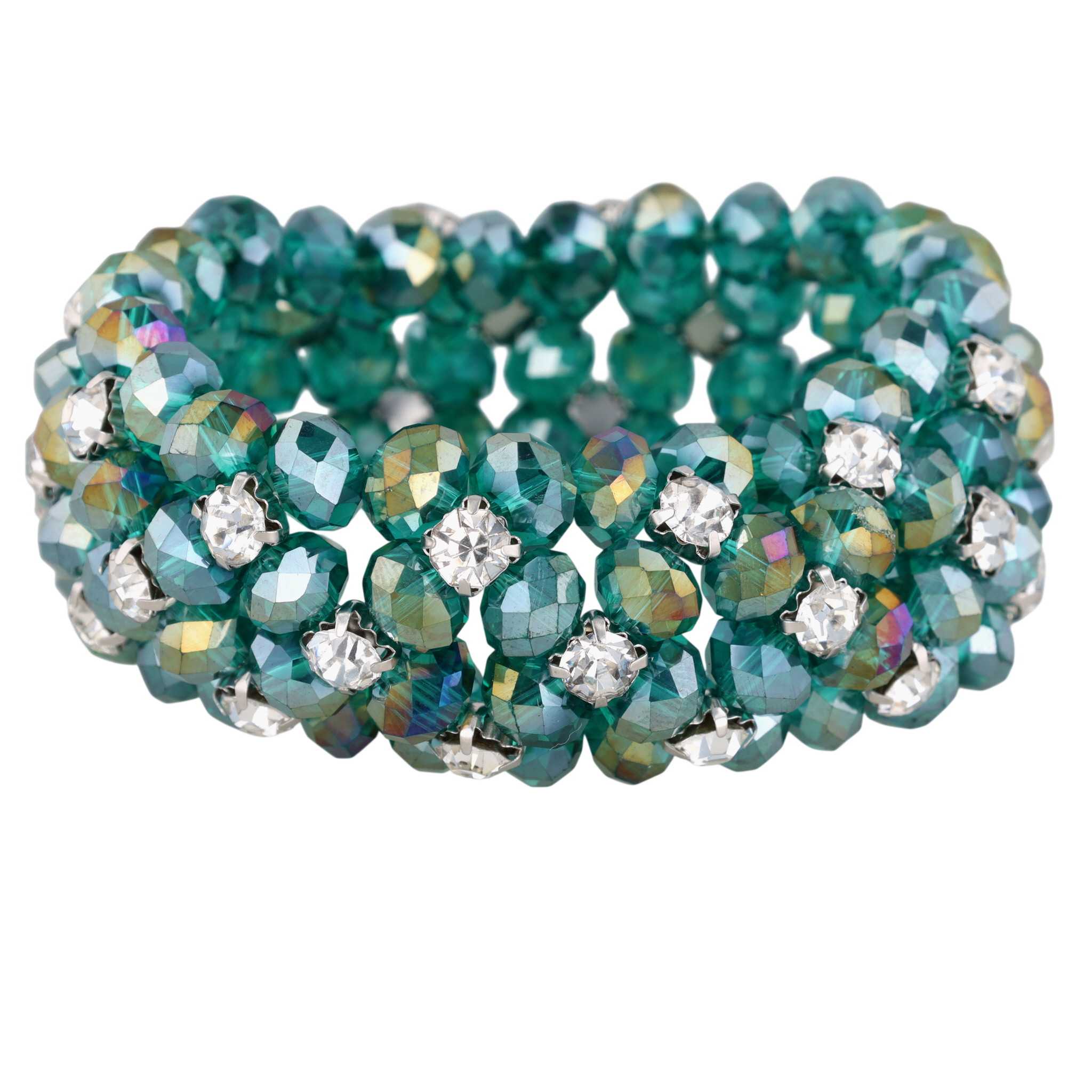 Rhinestone Blue Opal Glass Bead Elastic Bracelet