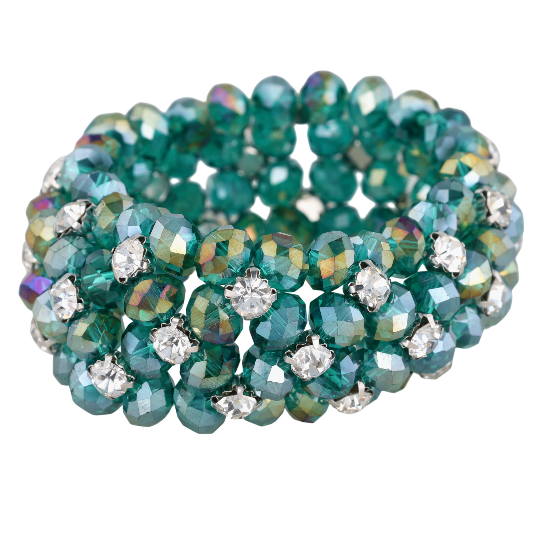 Rhinestone Blue Opal Glass Bead Elastic Bracelet