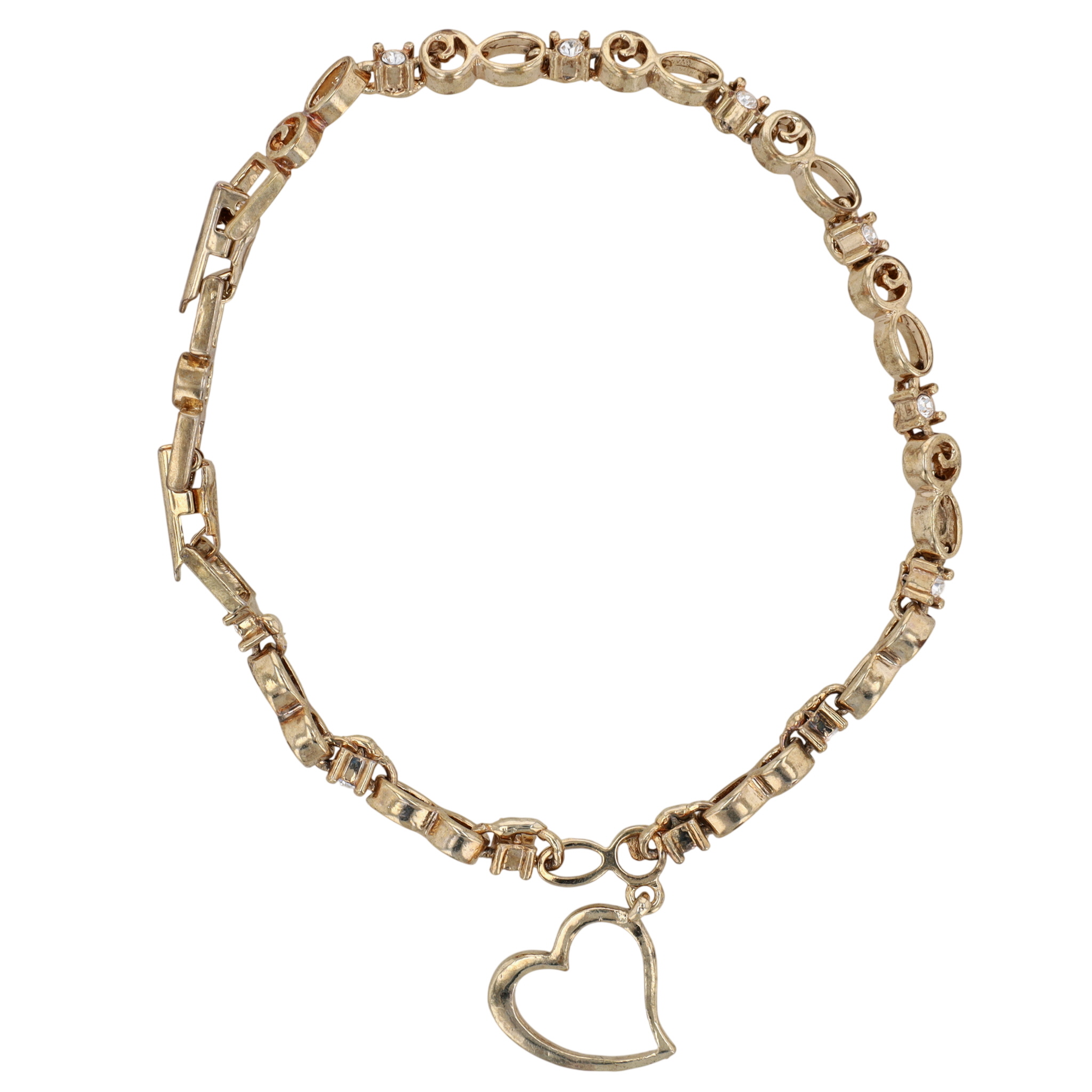 Avon Gold Tone Rhinestone Heart Charm Romance Bracelet