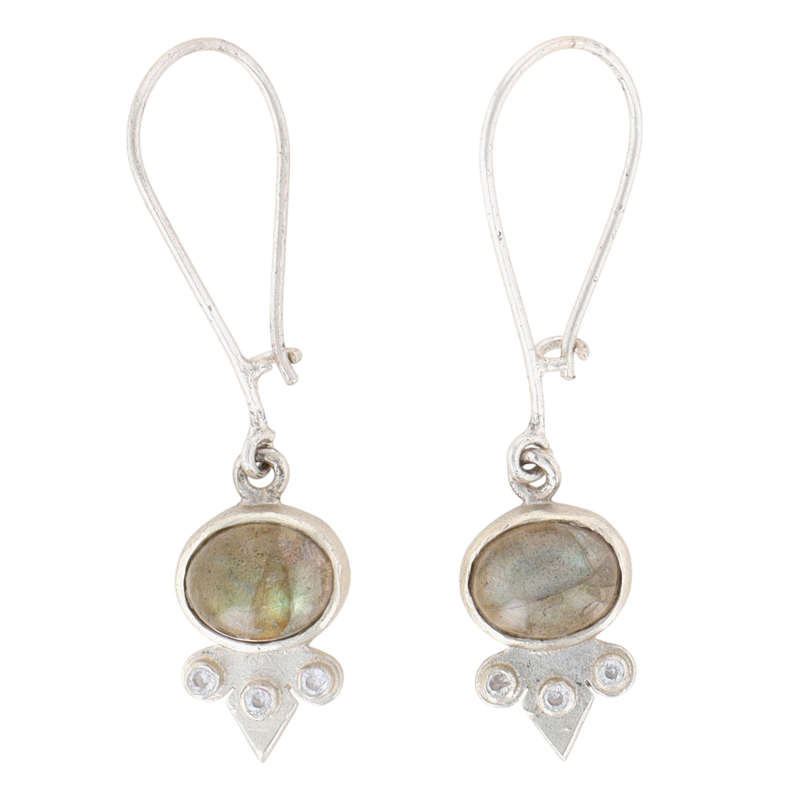Sterling Silver Labradorite CZ Long Oval Drop Earrings