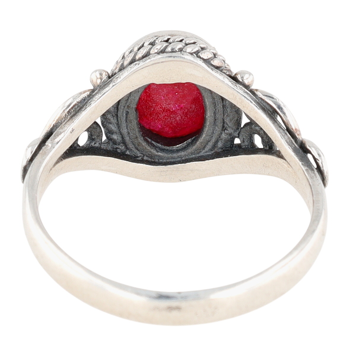 Sterling Silver Ruby Oval Scroll Detail Ring Size 6