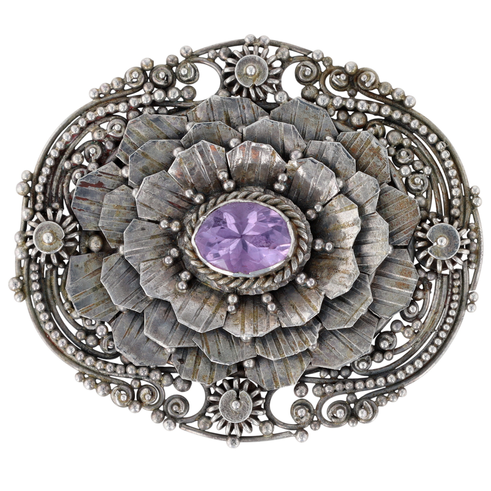 Sterling Silver Amethyst Granulated Blooming Flower Brooch