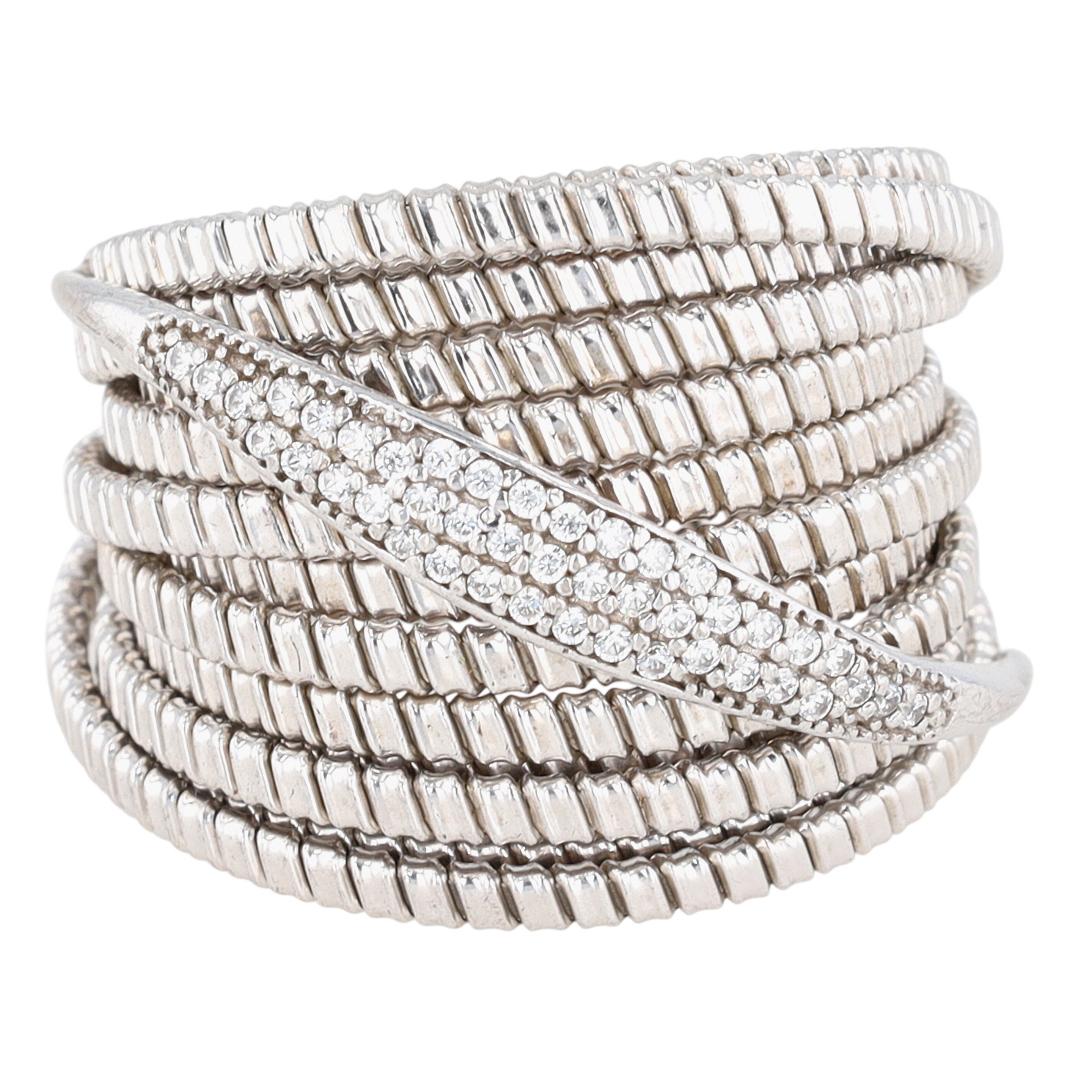 Signed Italy Sterling Silver CZ Multi Strand Spring Band Ring Size 6.5