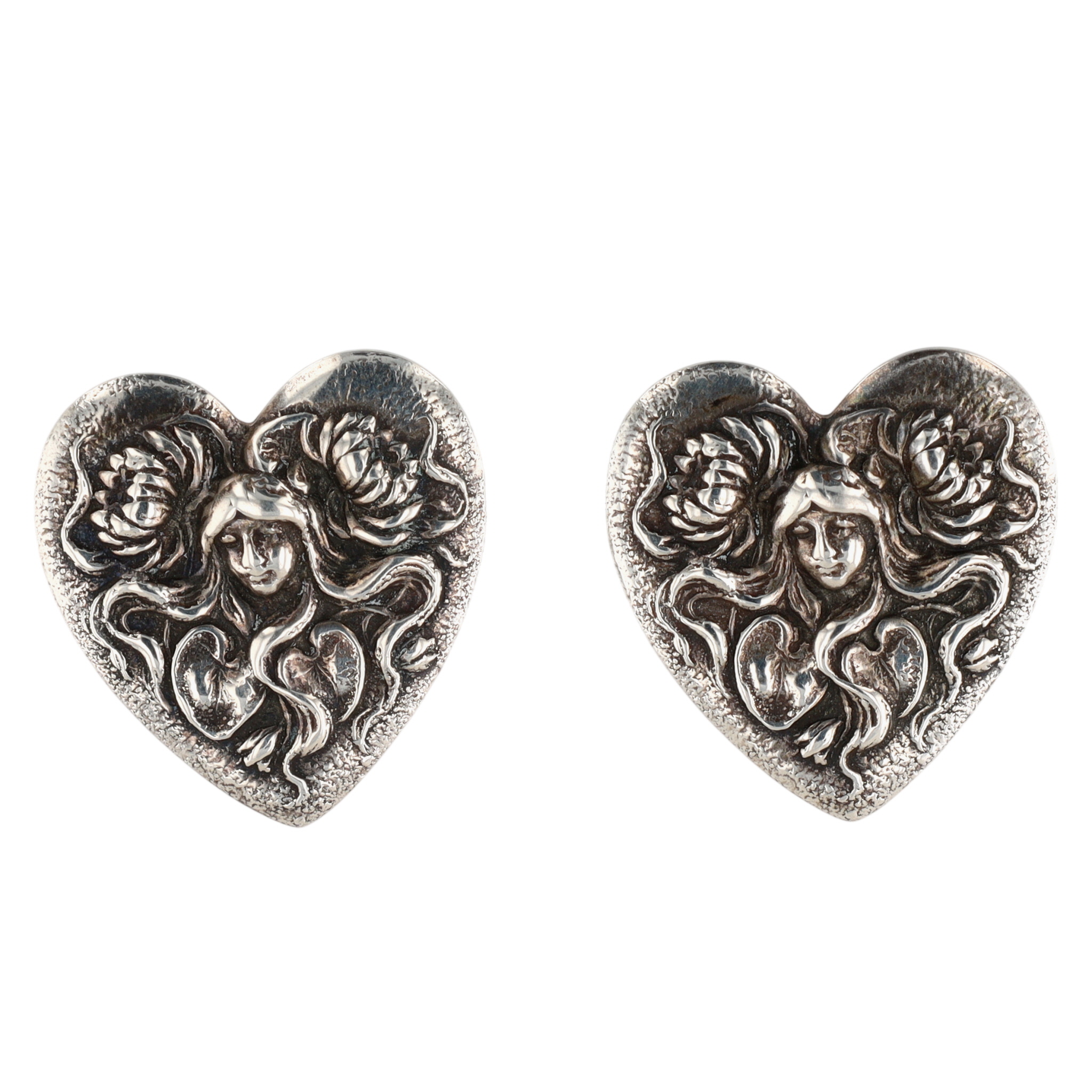 Sterling Silver Pressed Nouveau Style Lady Lily Heart Stud Earrings