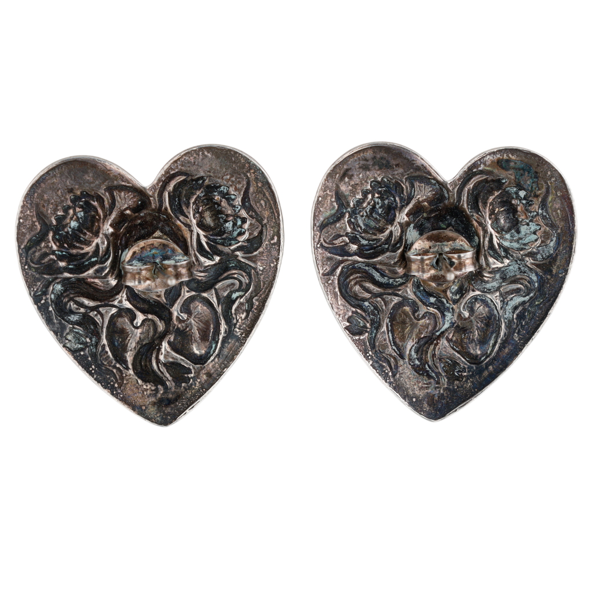 Sterling Silver Pressed Nouveau Style Lady Lily Heart Stud Earrings