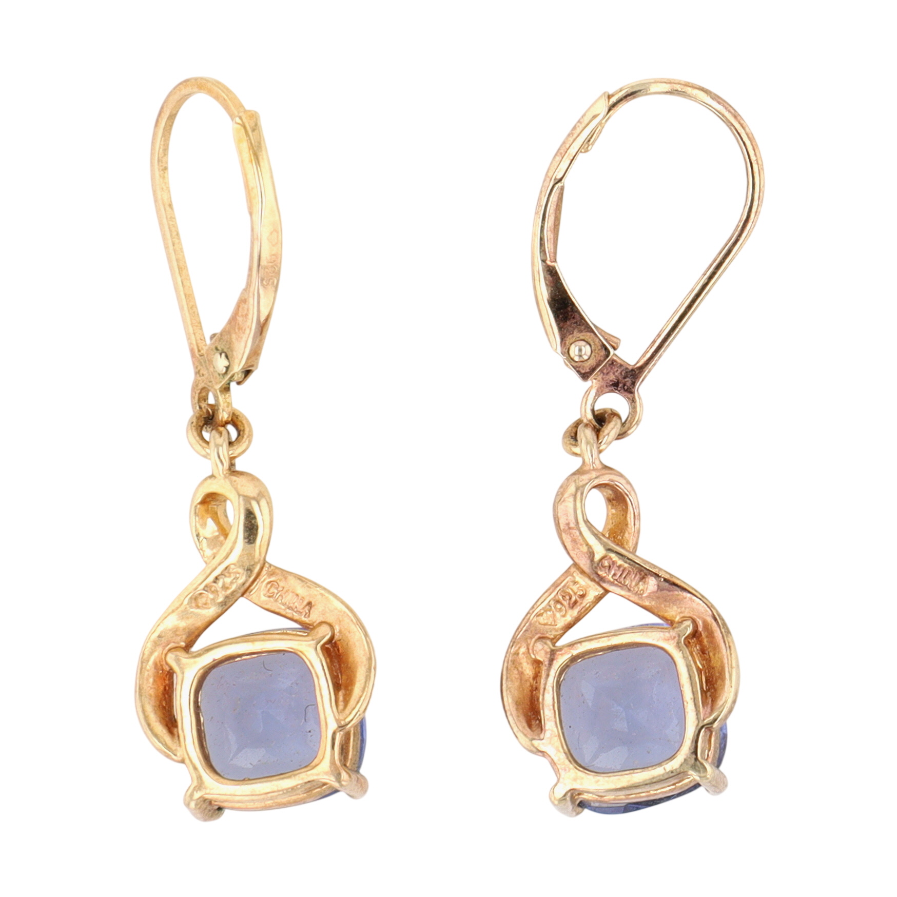Signed Gold Over Sterling Silver Blue Rhinestone Drop Earrings