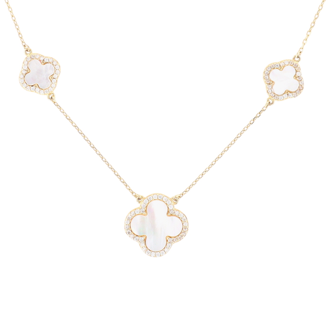 Signed Gold Over Sterling Silver Mother of Pearl CZ Kira Clover Station Necklace