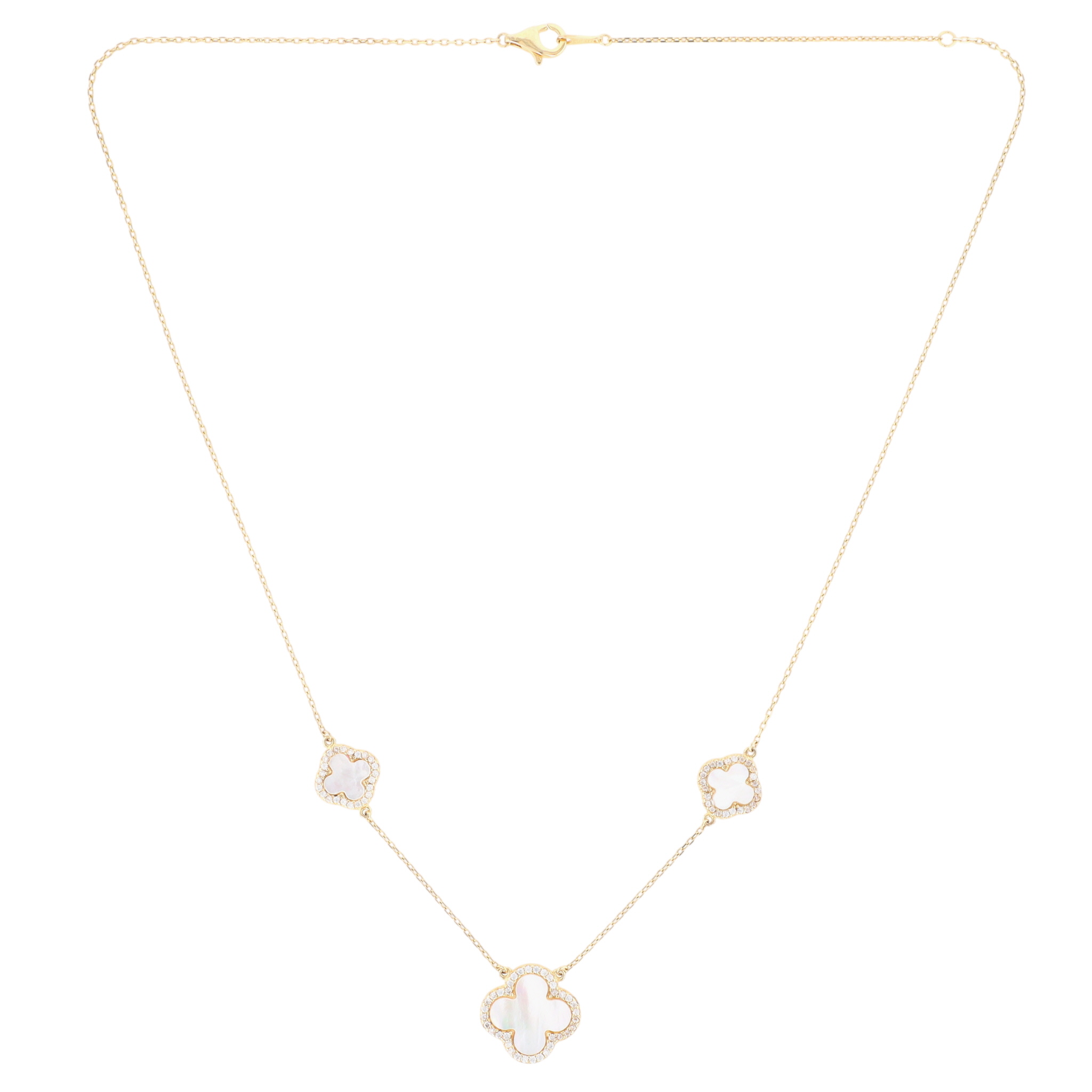 Signed Gold Over Sterling Silver Mother of Pearl CZ Kira Clover Station Necklace