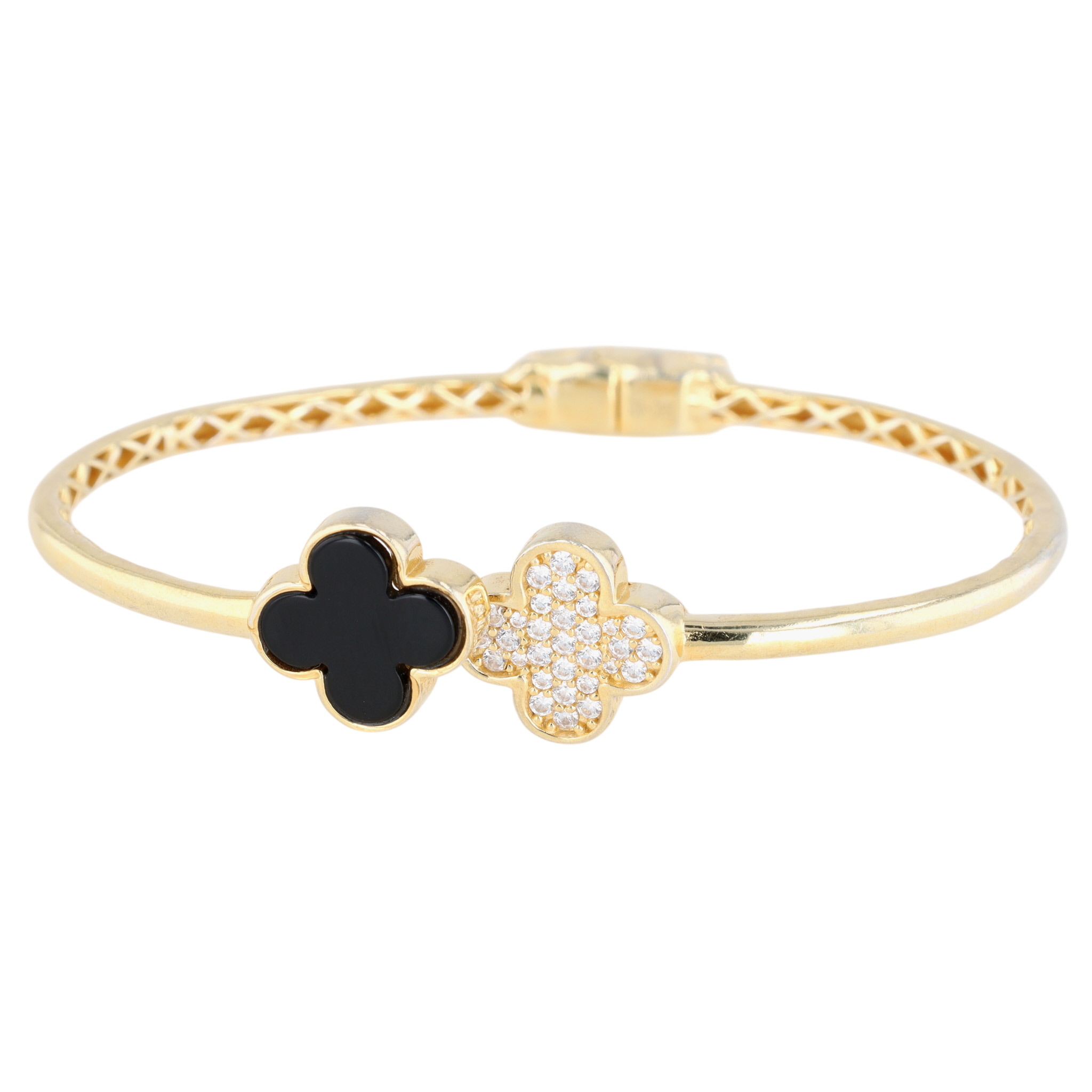 Signed Gold Over Sterling Silver CZ Faux Onyx Kira Clover Hinge Bracelet
