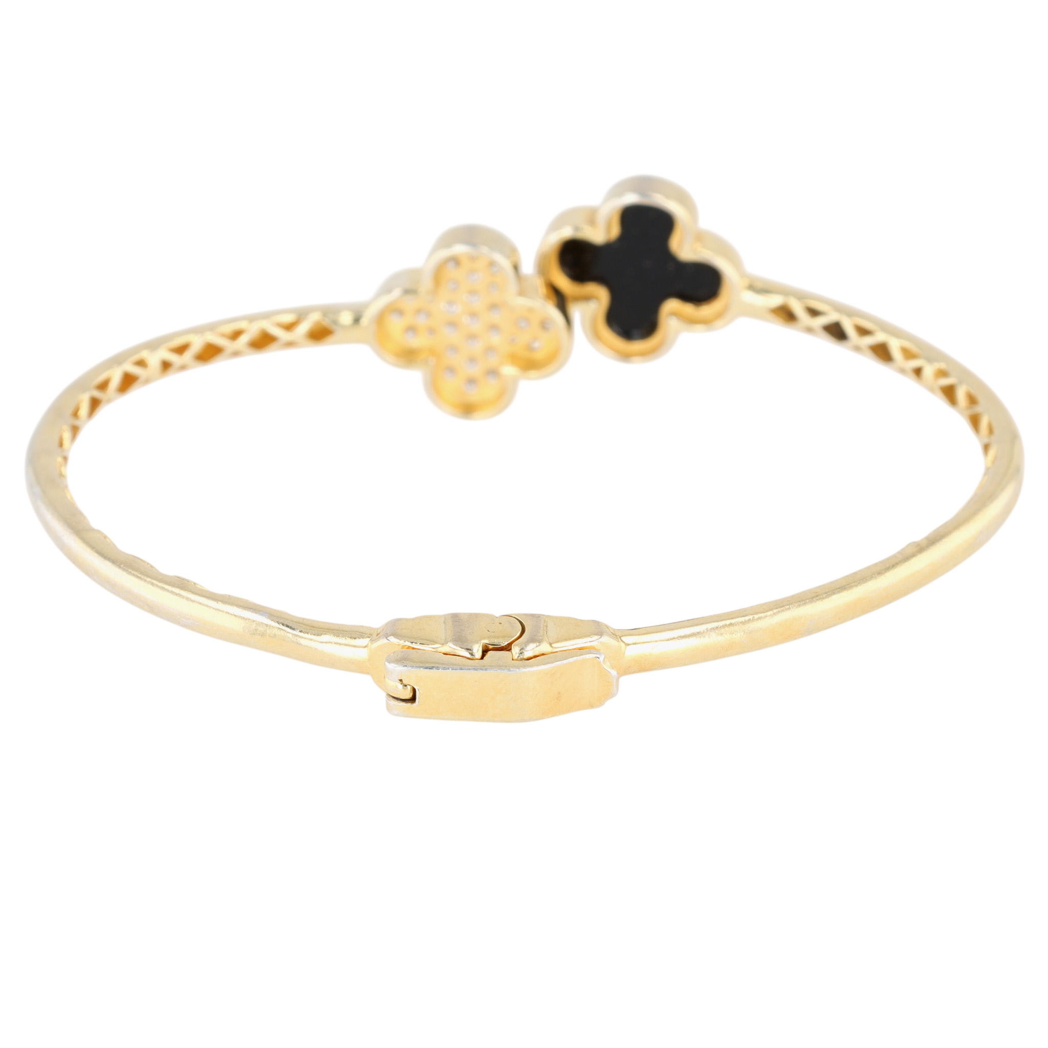 Signed Gold Over Sterling Silver CZ Faux Onyx Kira Clover Hinge Bracelet