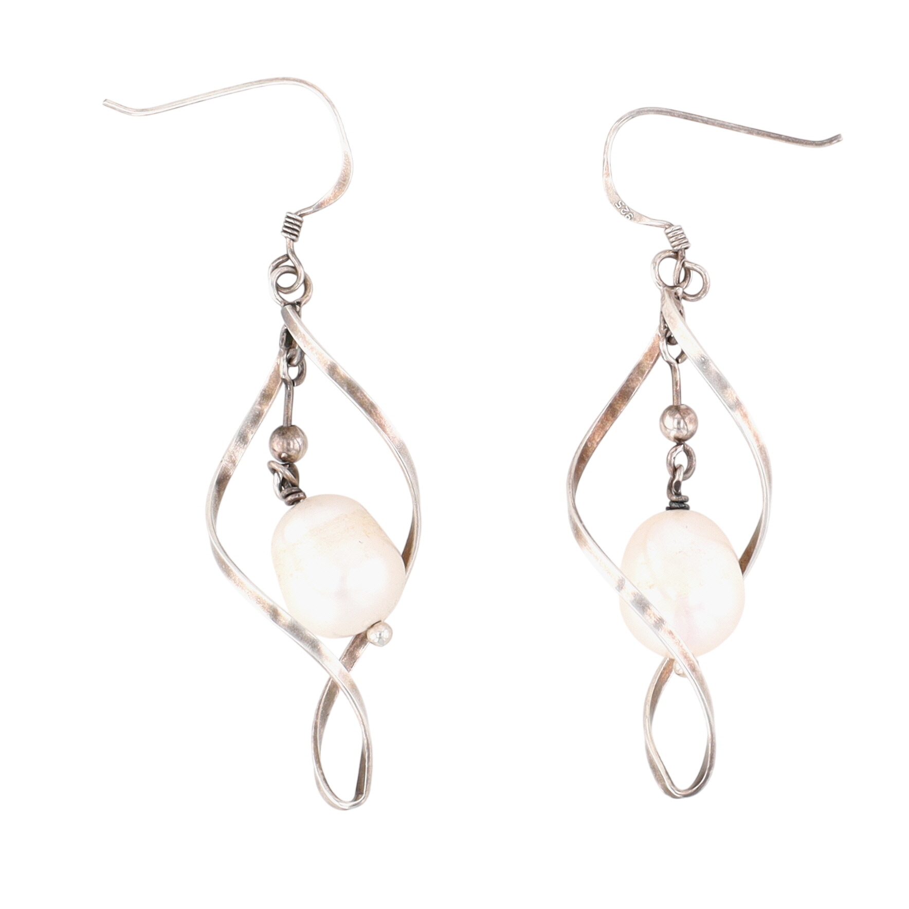 Sterling Silver Pearl Spiral Embraced Dangle Earrings