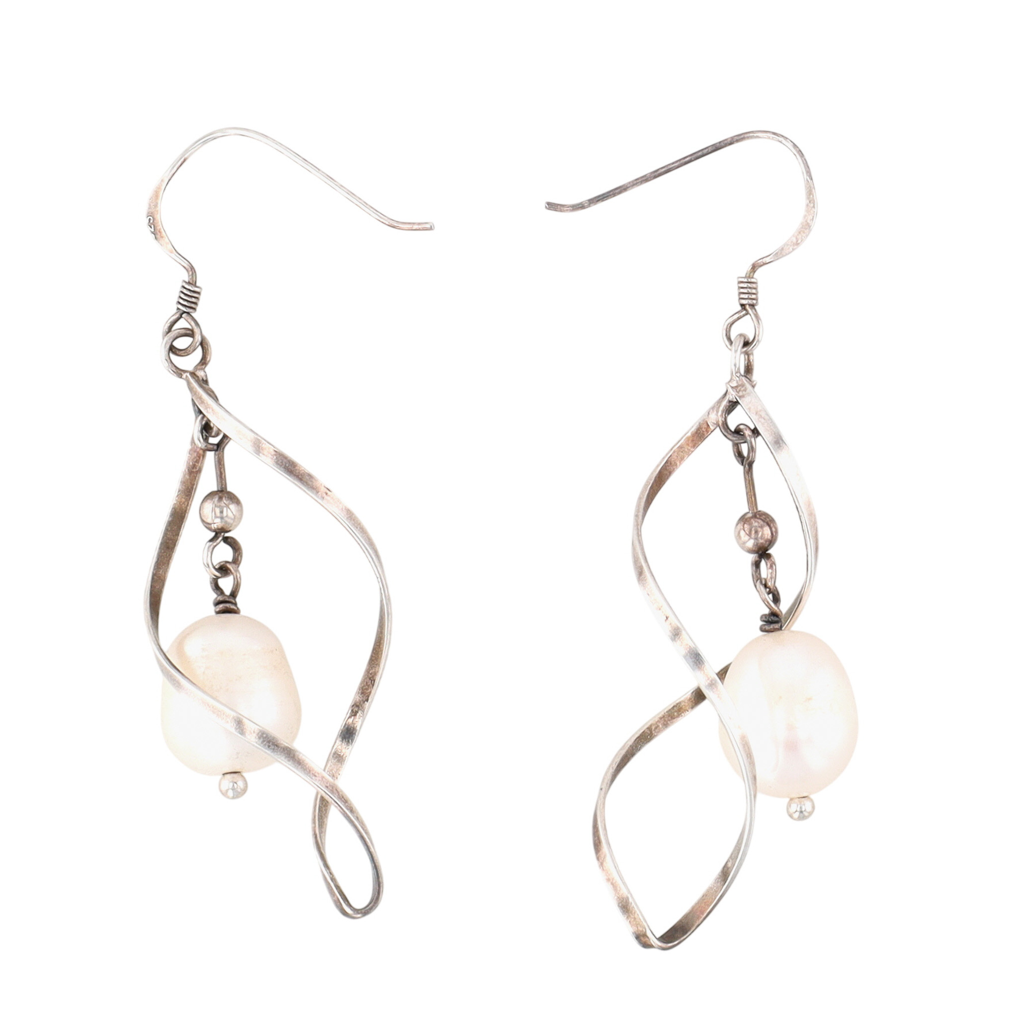 Sterling Silver Pearl Spiral Embraced Dangle Earrings