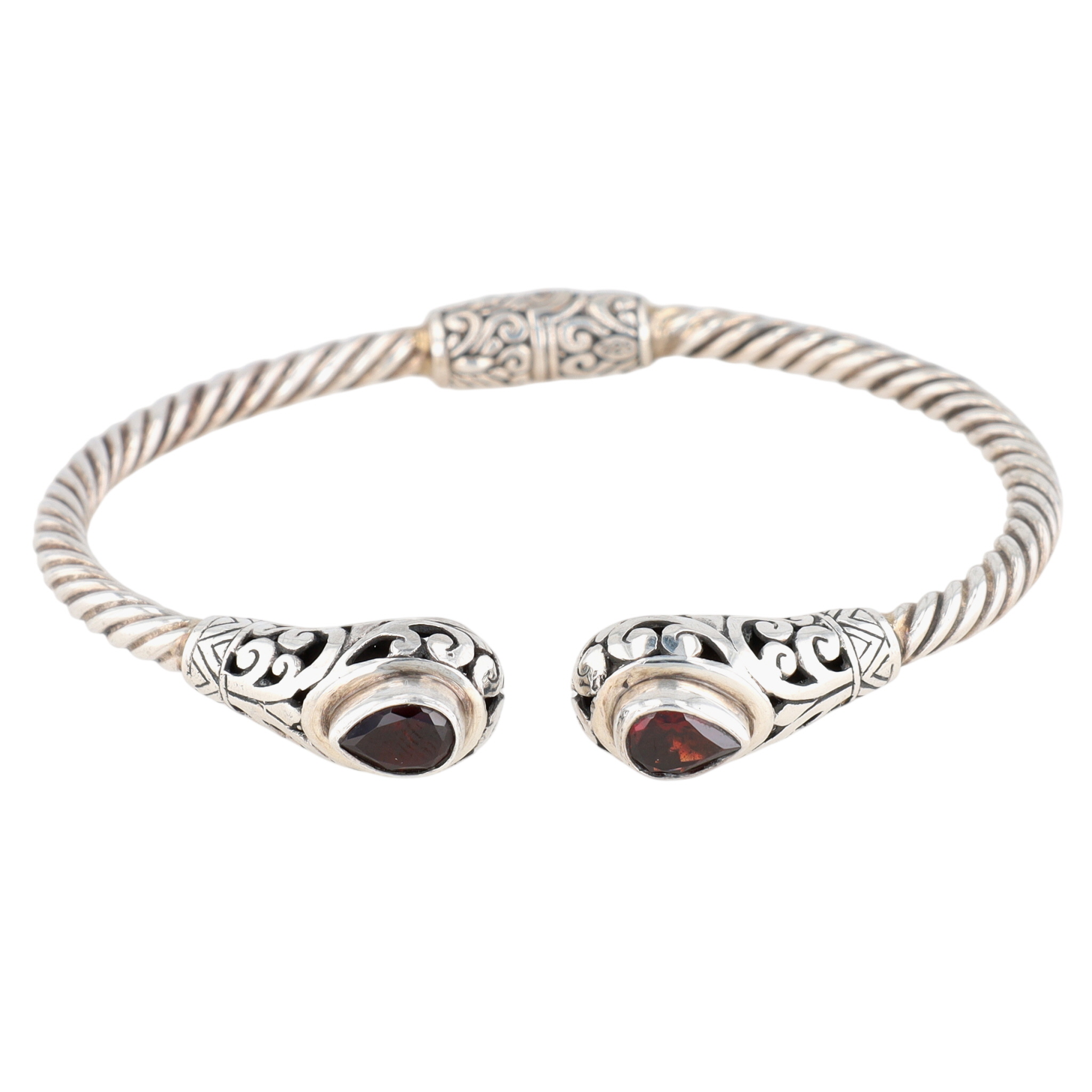 Sterling Silver Garnet Scroll Cut Hinged Cuff Bracelet