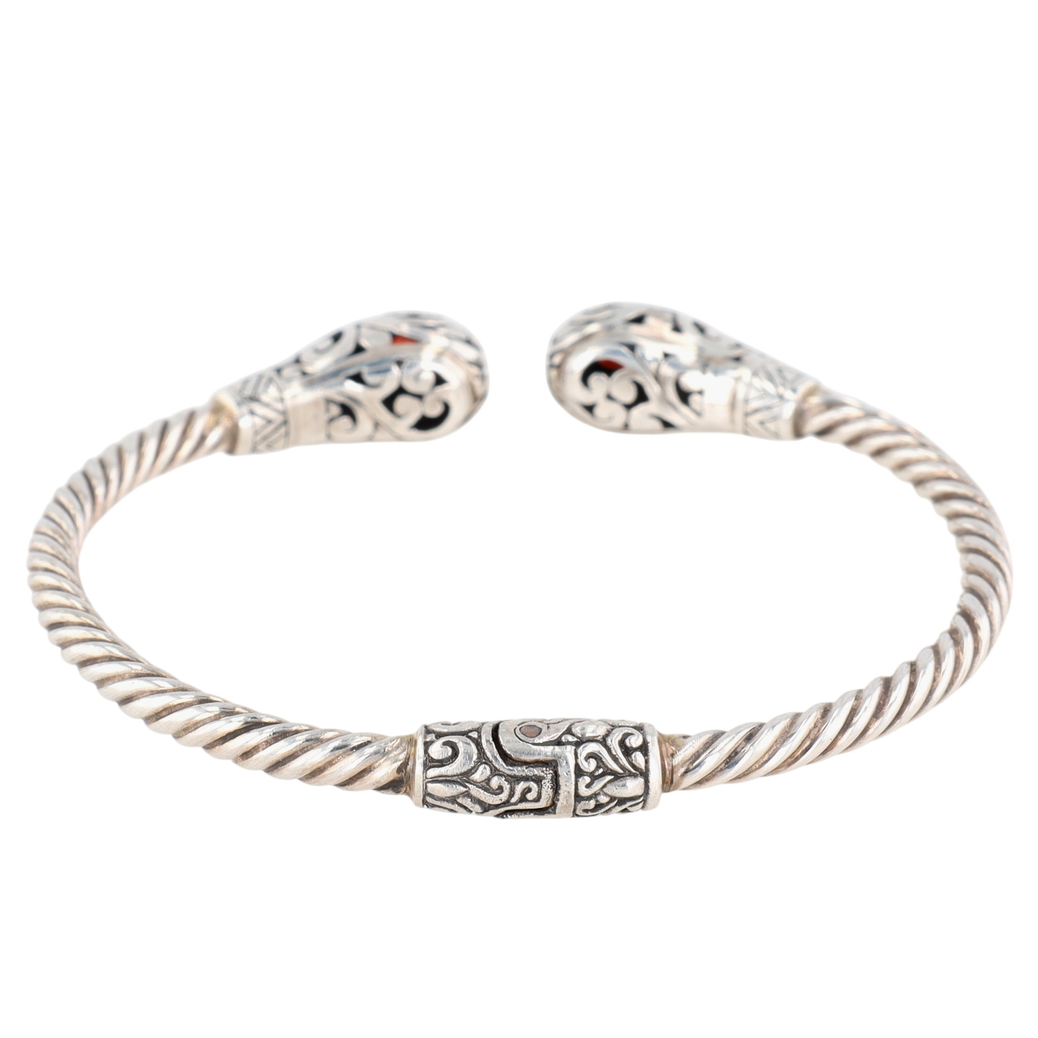 Sterling Silver Garnet Scroll Cut Hinged Cuff Bracelet