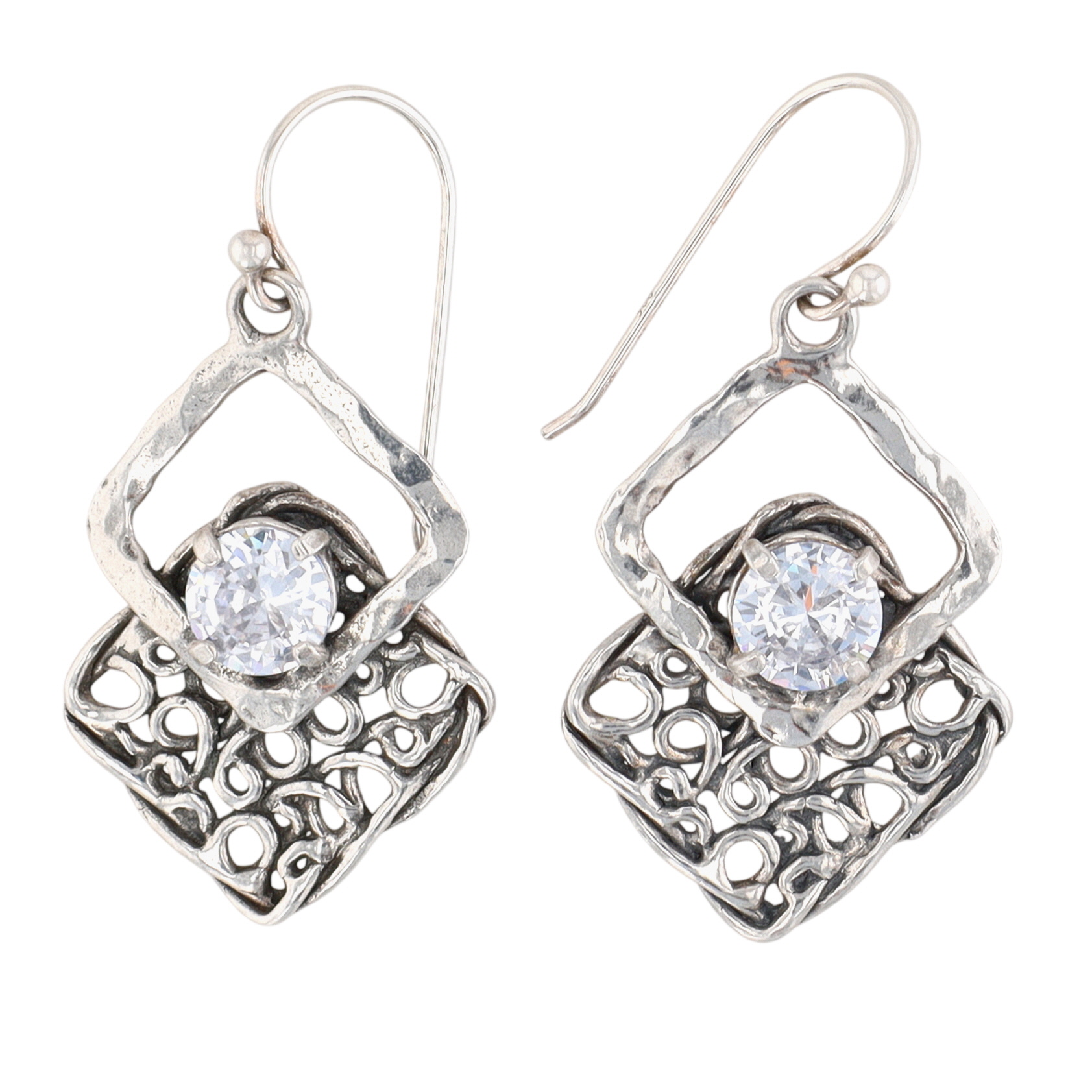 Israel Sterling Silver CZ Double Square Dangle Earrings